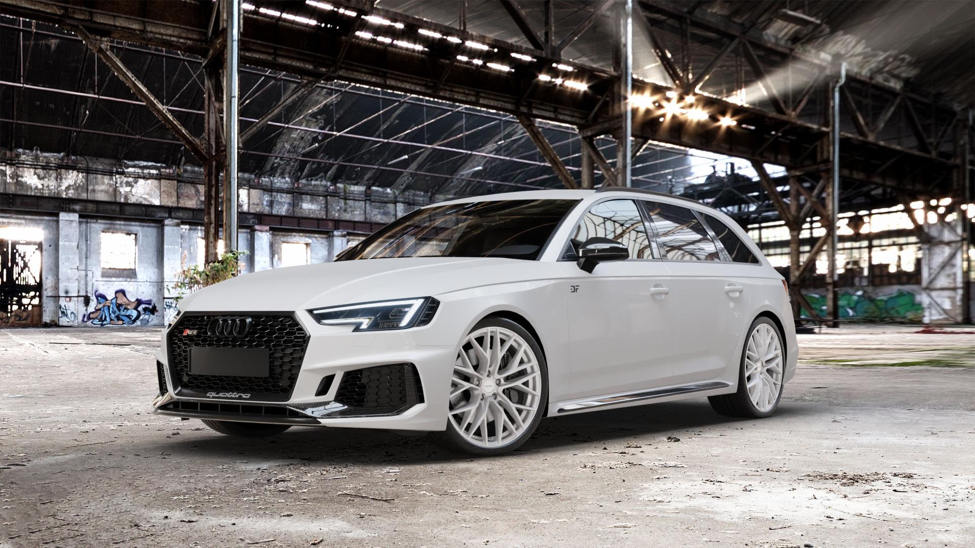 CARMANI 20 Ludwig white silver Felge mit Reifen silber weiss in 20Zoll Winterfelge Alufelge auf weissem Audi A4 Typ B9 (Avant) 2,9l RS4 TFSI quattro 331kW (450 PS) ⬇️ mit 15mm Tieferlegung ⬇️ Old Industrial Hall_max_5300mm_2024 Frontansicht_1