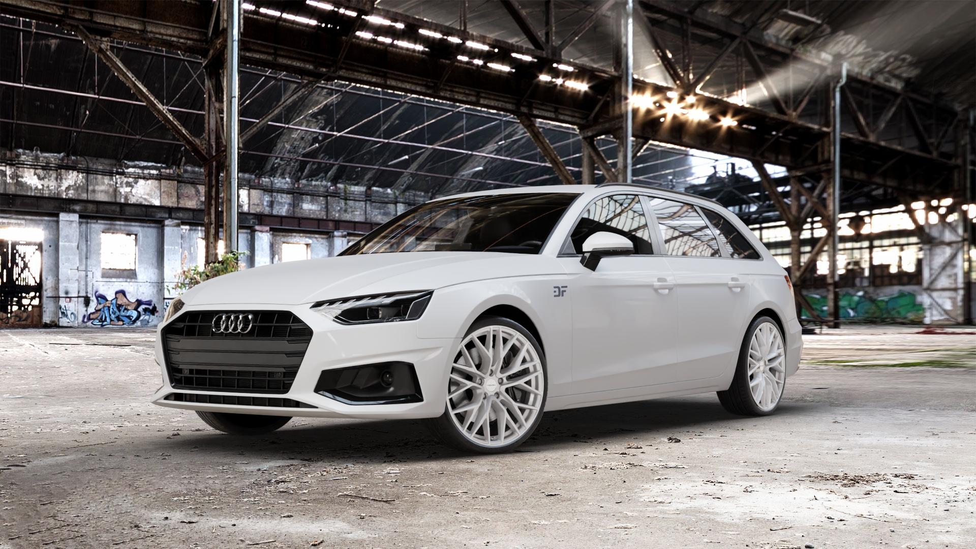 CARMANI 20 Ludwig white silver Felge mit Reifen silber weiss in 20Zoll Winterfelge Alufelge auf weissem Audi A4 Typ B9 (Avant) Facelift ⬇️ mit 15mm Tieferlegung ⬇️ Old Industrial Hall_max_5300mm_2024 Frontansicht_1