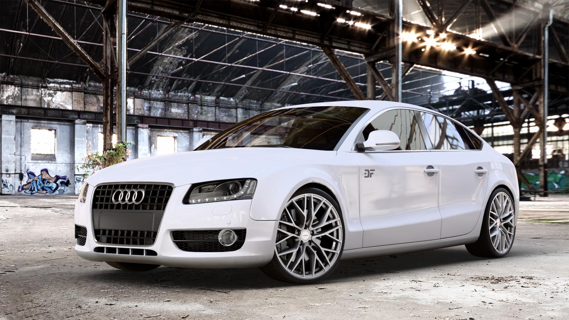 CARMANI 20 Ludwig white silver Felge mit Reifen silber weiss in 20Zoll Winterfelge Alufelge auf weissem Audi A5 Typ B8 (Sportback) ⬇️ mit 15mm Tieferlegung ⬇️ Old Industrial Hall_max_4400mm_2024 Frontansicht_1