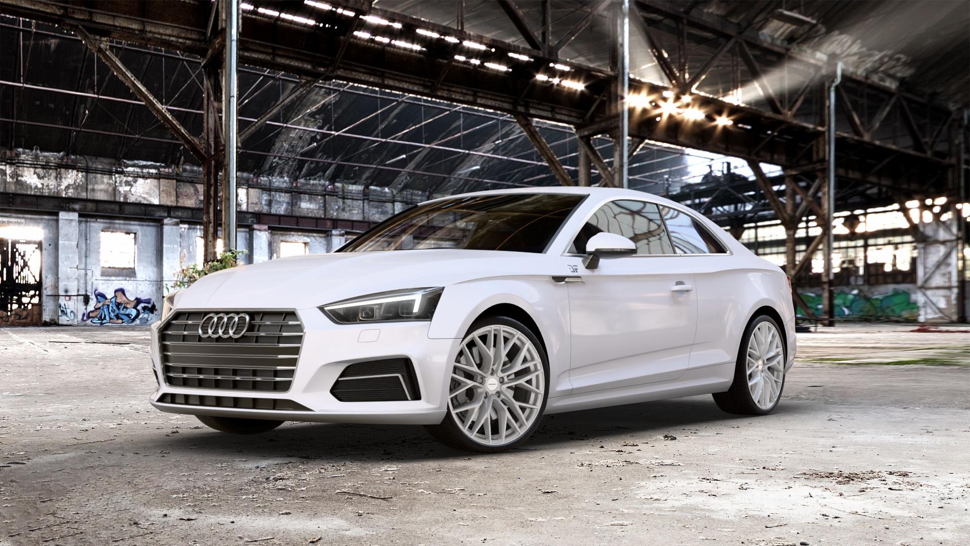 CARMANI 20 Ludwig white silver Felge mit Reifen silber weiss in 20Zoll Winterfelge Alufelge auf weissem Audi A5 Typ B9 (Coupé) ⬇️ mit 15mm Tieferlegung ⬇️ Old Industrial Hall_max_5300mm_2024 Frontansicht_1