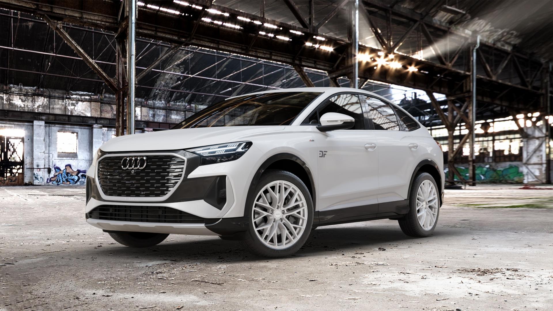 CARMANI 20 Ludwig white silver Felge mit Reifen silber weiss in 20Zoll Winterfelge Alufelge auf weissem Audi Q4 Sportback Typ FZ e-tron ⬇️ mit 15mm Tieferlegung ⬇️ Old Industrial Hall_max_5300mm_2024 Frontansicht_1