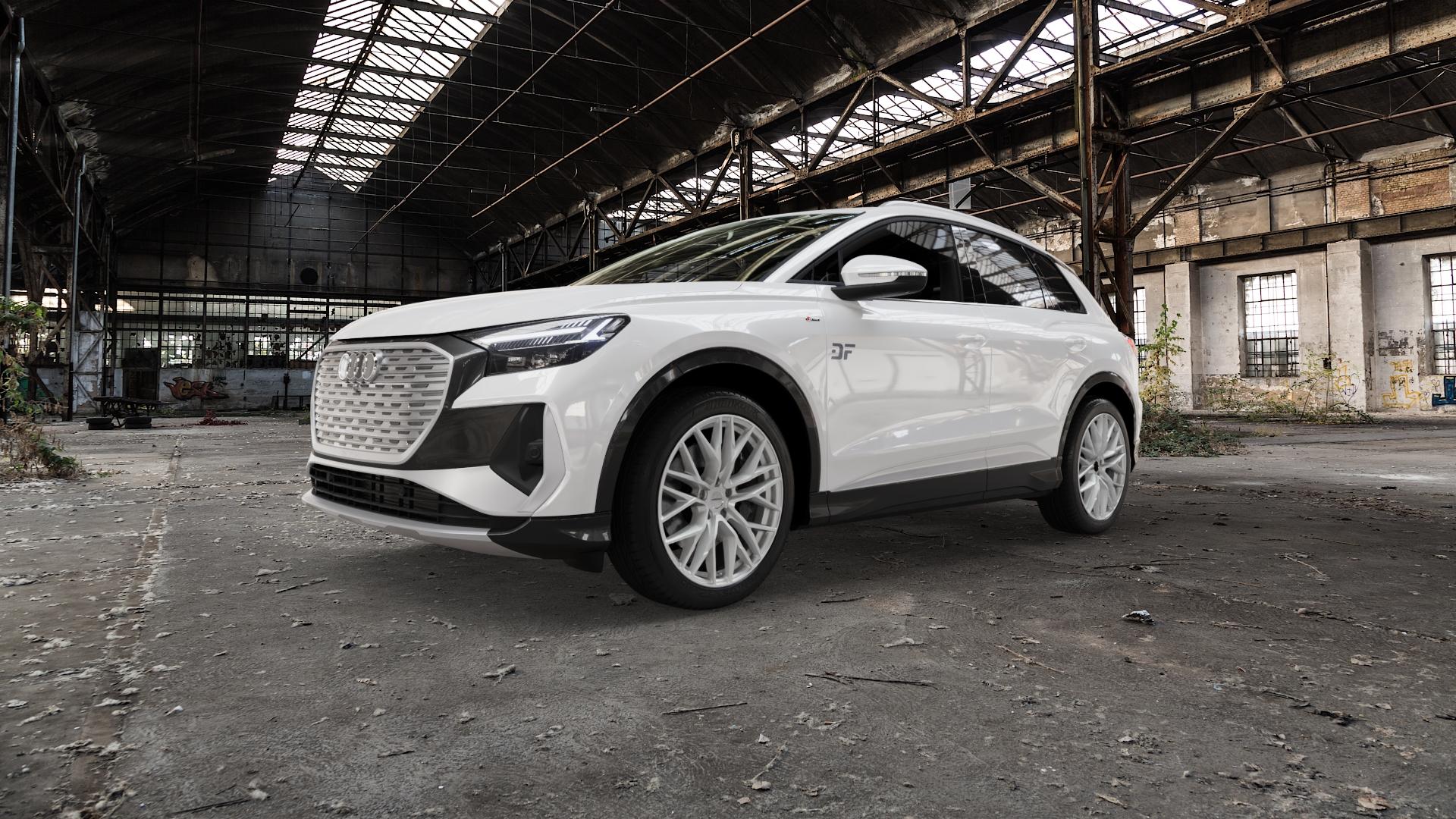 CARMANI 20 Ludwig white silver Felge mit Reifen silber weiss in 20Zoll Winterfelge Alufelge auf weissem Audi Q4 Typ FZ ⬇️ mit 15mm Tieferlegung ⬇️ Old Industrial Hall_max5000mm_2022 Frontansicht_1