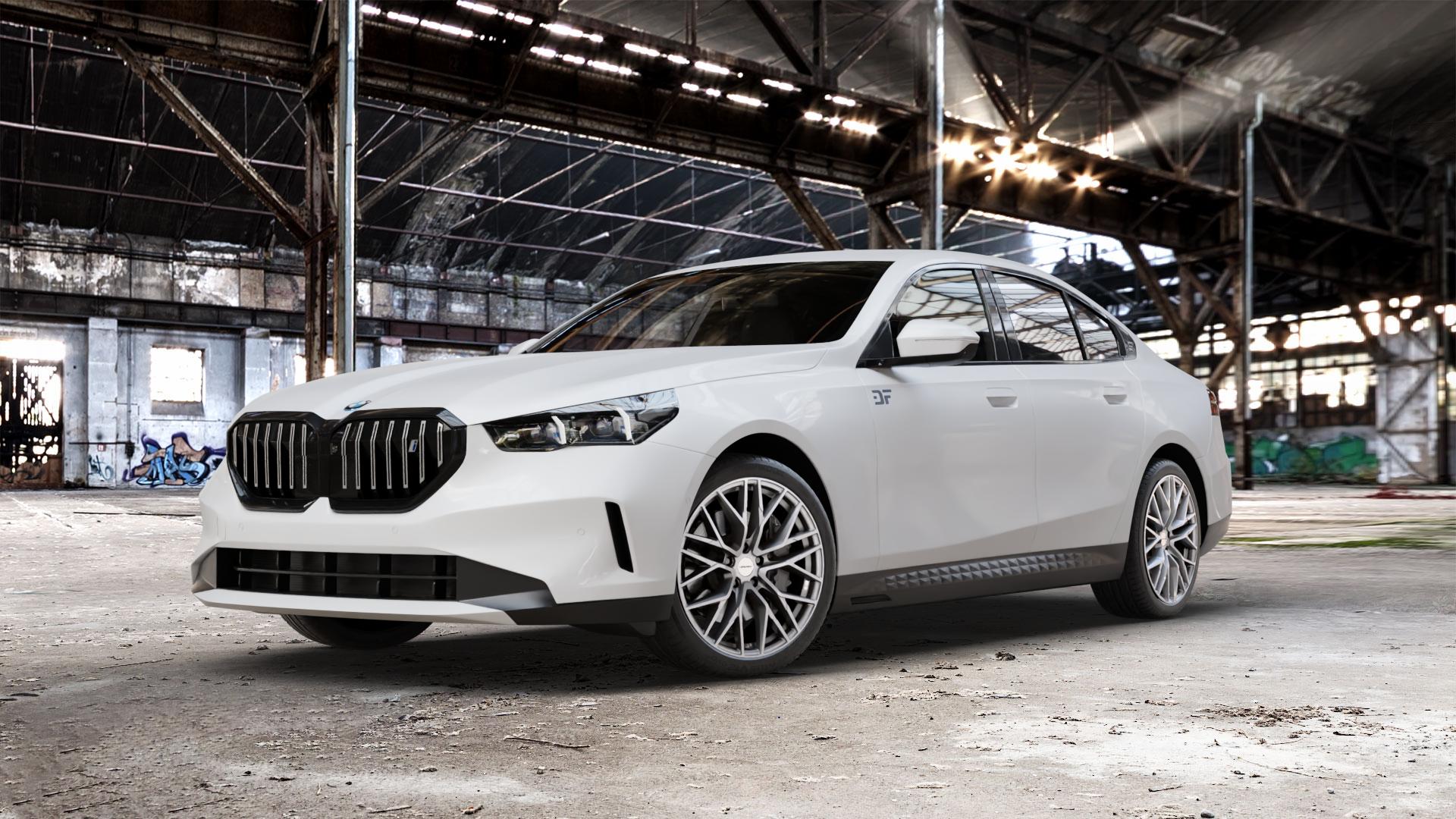 CARMANI 20 Ludwig white silver Felge mit Reifen silber weiss in 20Zoll Winterfelge Alufelge auf weissem BMW i5 (G6E) 0,0l eDrive40 105kW (143 PS) ⬇️ mit 15mm Tieferlegung ⬇️ Old Industrial Hall_max_5300mm_2024 Frontansicht_1