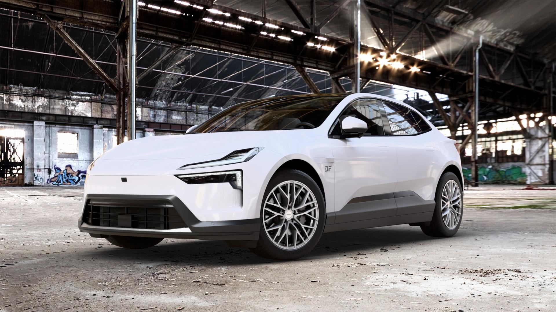 CARMANI 20 Ludwig white silver Felge mit Reifen silber weiss in 20Zoll Winterfelge Alufelge auf weissem Polestar 4 0,0l 75kW (102 PS) 150kW AWD (204 ⬇️ mit 15mm Tieferlegung ⬇️ Old Industrial Hall_max_5300mm_2024 Frontansicht_1