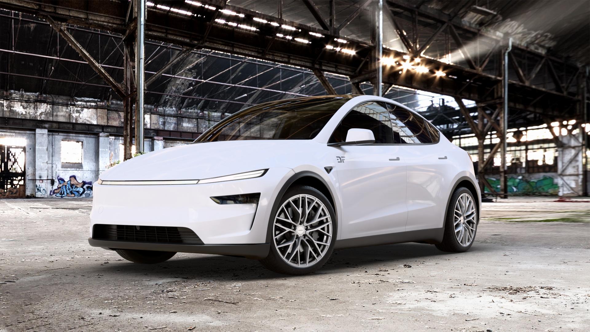 CARMANI 20 Ludwig white silver Felge mit Reifen silber weiss in 20Zoll Winterfelge Alufelge auf weissem Tesla Model Y Typ 003 Juniper Facelift 003/005 ⬇️ mit 15mm Tieferlegung ⬇️ Old Industrial Hall_max_5300mm_2024 Frontansicht_1