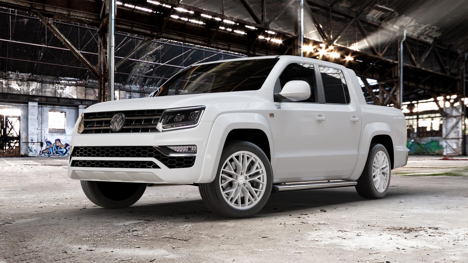 CARMANI 20 Ludwig white silver Felge mit Reifen silber weiss in 20Zoll Winterfelge Alufelge auf weissem Volkswagen (VW) Amarok I Typ 2H Facelift ⬇️ mit 15mm Tieferlegung ⬇️ Old Industrial Hall_max_5300mm_2024 Frontansicht_1
