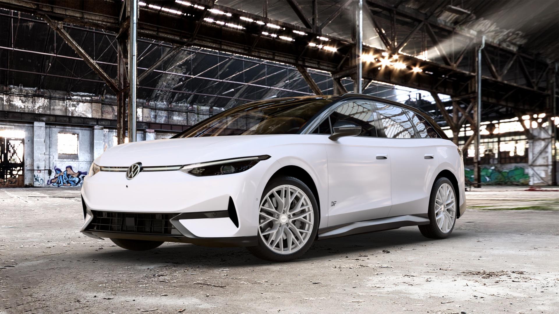 CARMANI 20 Ludwig white silver Felge mit Reifen silber weiss in 20Zoll Winterfelge Alufelge auf weissem Volkswagen (VW) ID.7 Tourer ⬇️ mit 15mm Tieferlegung ⬇️ Old Industrial Hall_max_5300mm_2024 Frontansicht_1