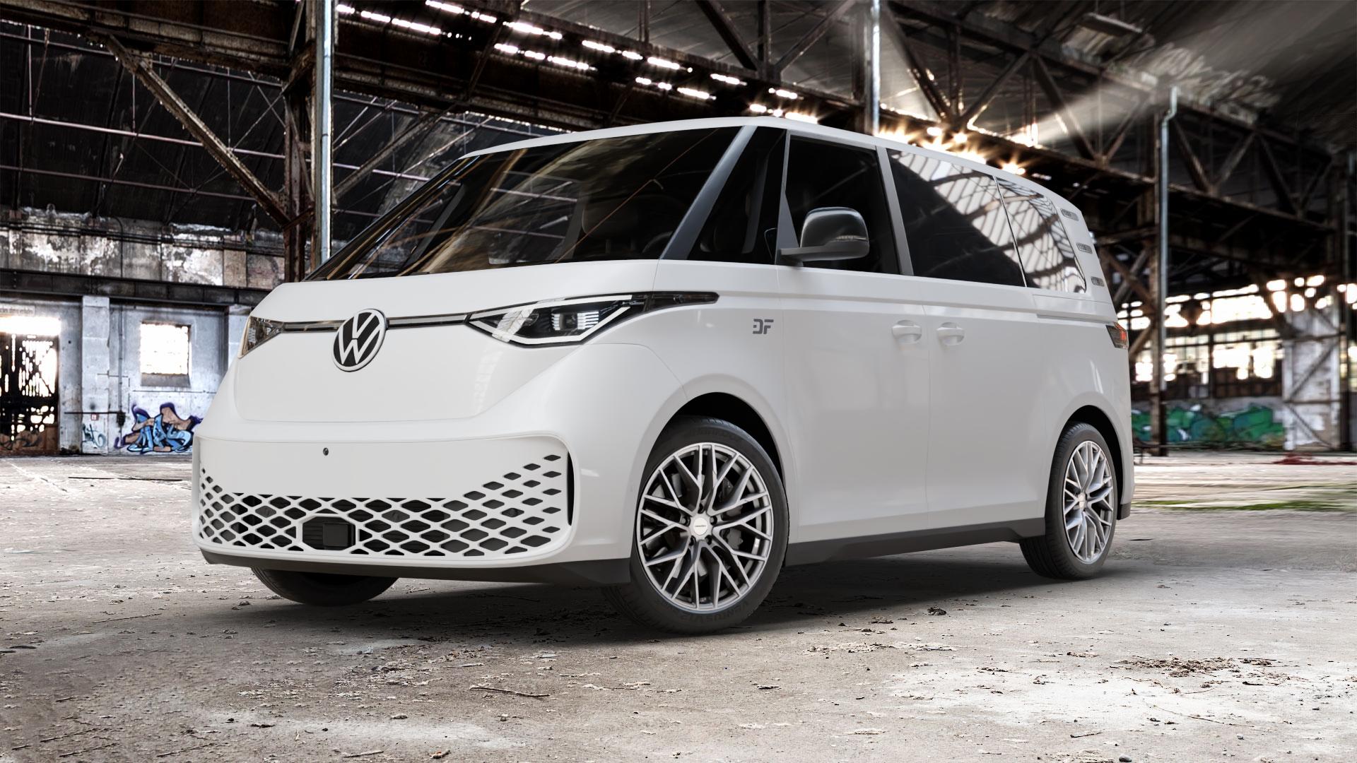 CARMANI 20 Ludwig white silver Felge mit Reifen silber weiss in 20Zoll Winterfelge Alufelge auf weissem Volkswagen (VW) ID. Buzz kurzer Radstand Cargo langer ⬇️ mit 15mm Tieferlegung ⬇️ Old Industrial Hall_max_5300mm_2024 Frontansicht_1