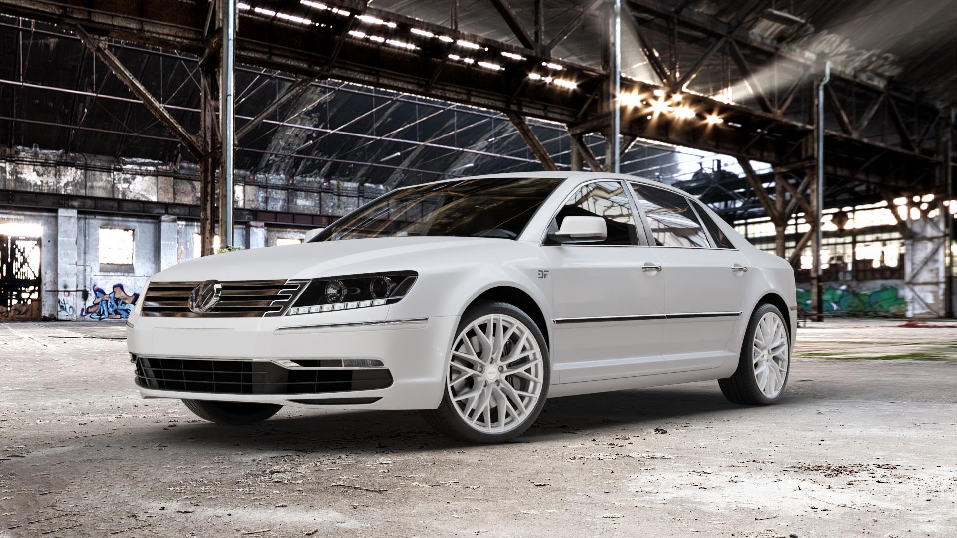 CARMANI 20 Ludwig white silver Felge mit Reifen silber weiss in 20Zoll Winterfelge Alufelge auf weissem Volkswagen (VW) Phaeton Typ 3D (Facelift 10->) ⬇️ mit 15mm Tieferlegung ⬇️ Old Industrial Hall_max_5300mm_2024 Frontansicht_1