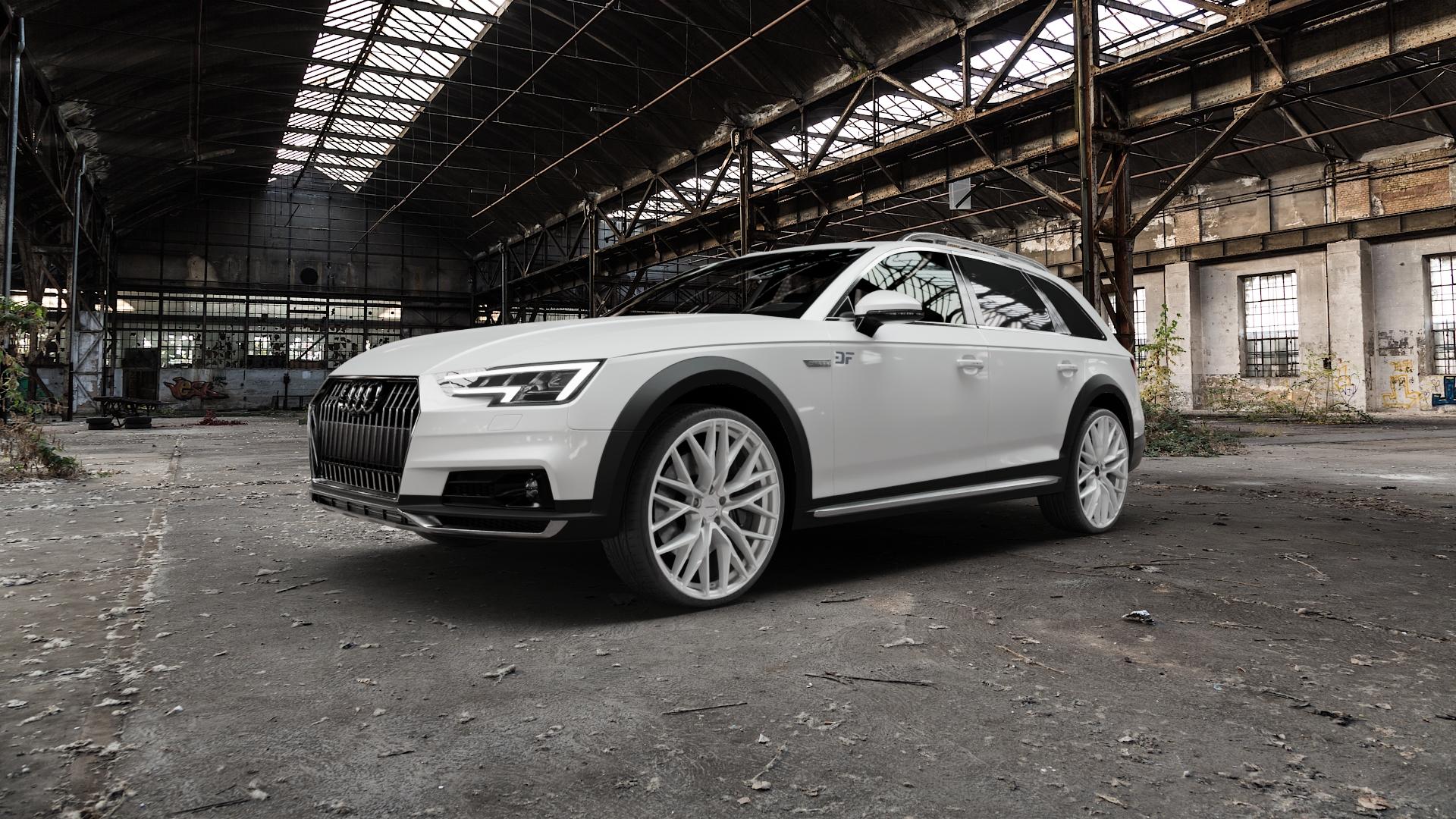 CARMANI 20 Ludwig white silver Felge mit Reifen silber weiss in 21Zoll Winterfelge Alufelge auf weissem Audi A4 Typ B9 Allroad ⬇️ mit 15mm Tieferlegung ⬇️ Old Industrial Hall_max5000mm_2022 Frontansicht_1