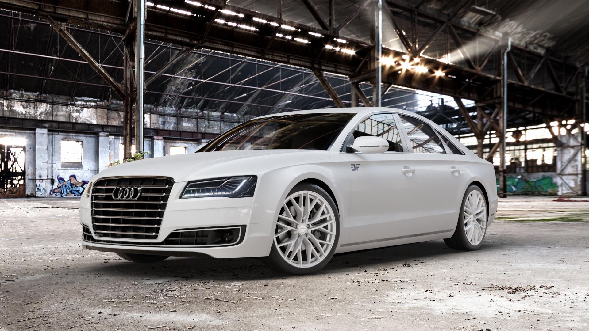 CARMANI 20 Ludwig white silver Felge mit Reifen silber weiss in 21Zoll Winterfelge Alufelge auf weissem Audi A8 Typ D4/4H Facelift ⬇️ mit 15mm Tieferlegung ⬇️ Old Industrial Hall_max_5300mm_2024 Frontansicht_1