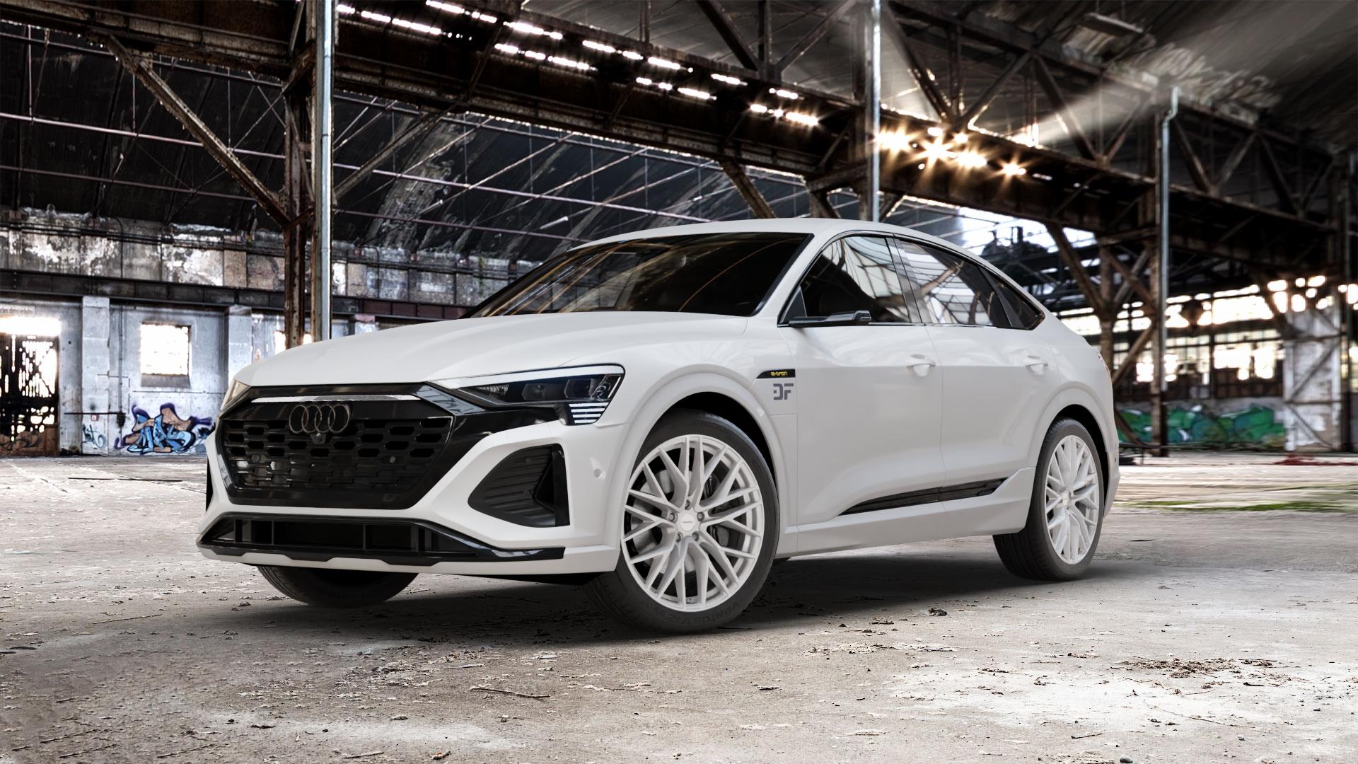 CARMANI 20 Ludwig white silver Felge mit Reifen silber weiss in 21Zoll Winterfelge Alufelge auf weissem Audi Q8 Sportback Typ GE ⬇️ mit 15mm Tieferlegung ⬇️ Old Industrial Hall_max_5300mm_2024 Frontansicht_1