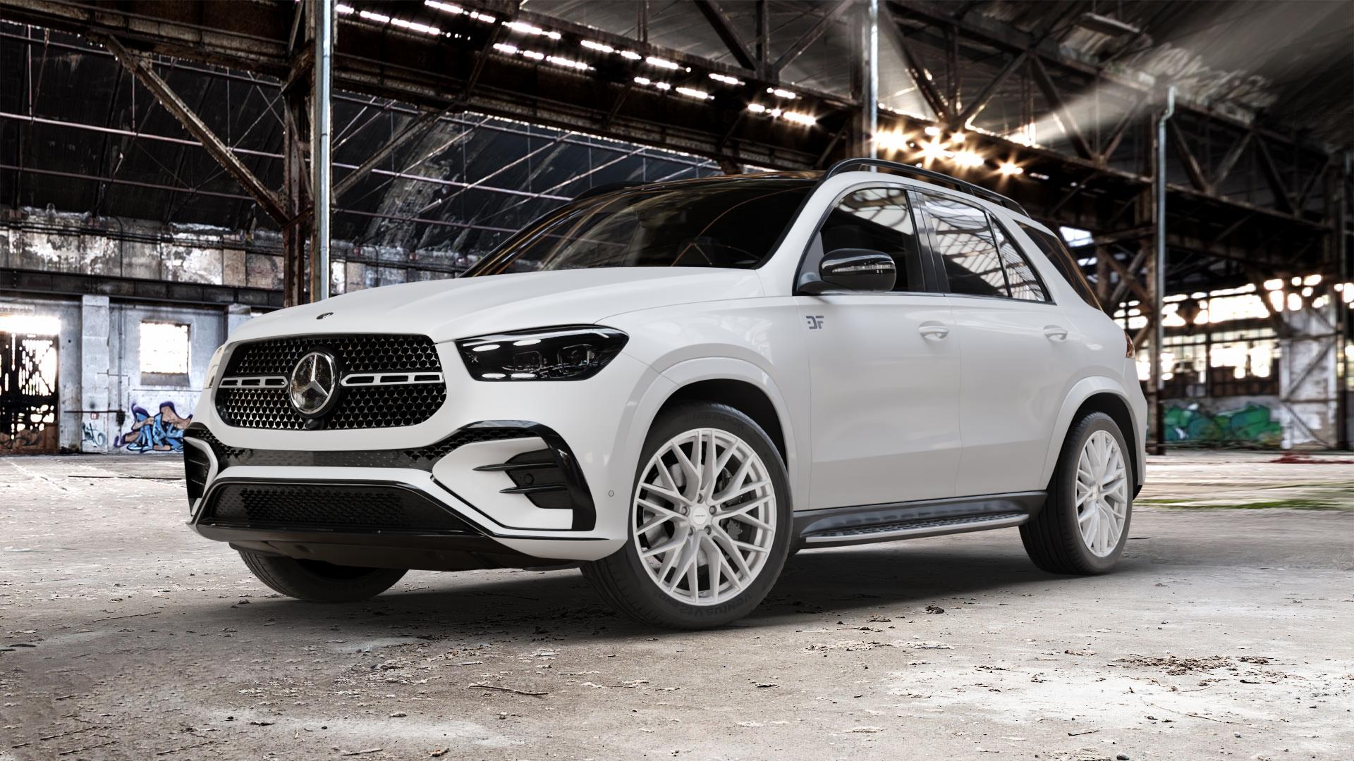 CARMANI 20 Ludwig white silver Felge mit Reifen silber weiss in 21Zoll Winterfelge Alufelge auf weissem Mercedes GLE-Klasse SUV Typ V167 (H1GLE) Facelift ⬇️ mit 15mm Tieferlegung ⬇️ Old Industrial Hall_max_5300mm_2024 Frontansicht_1
