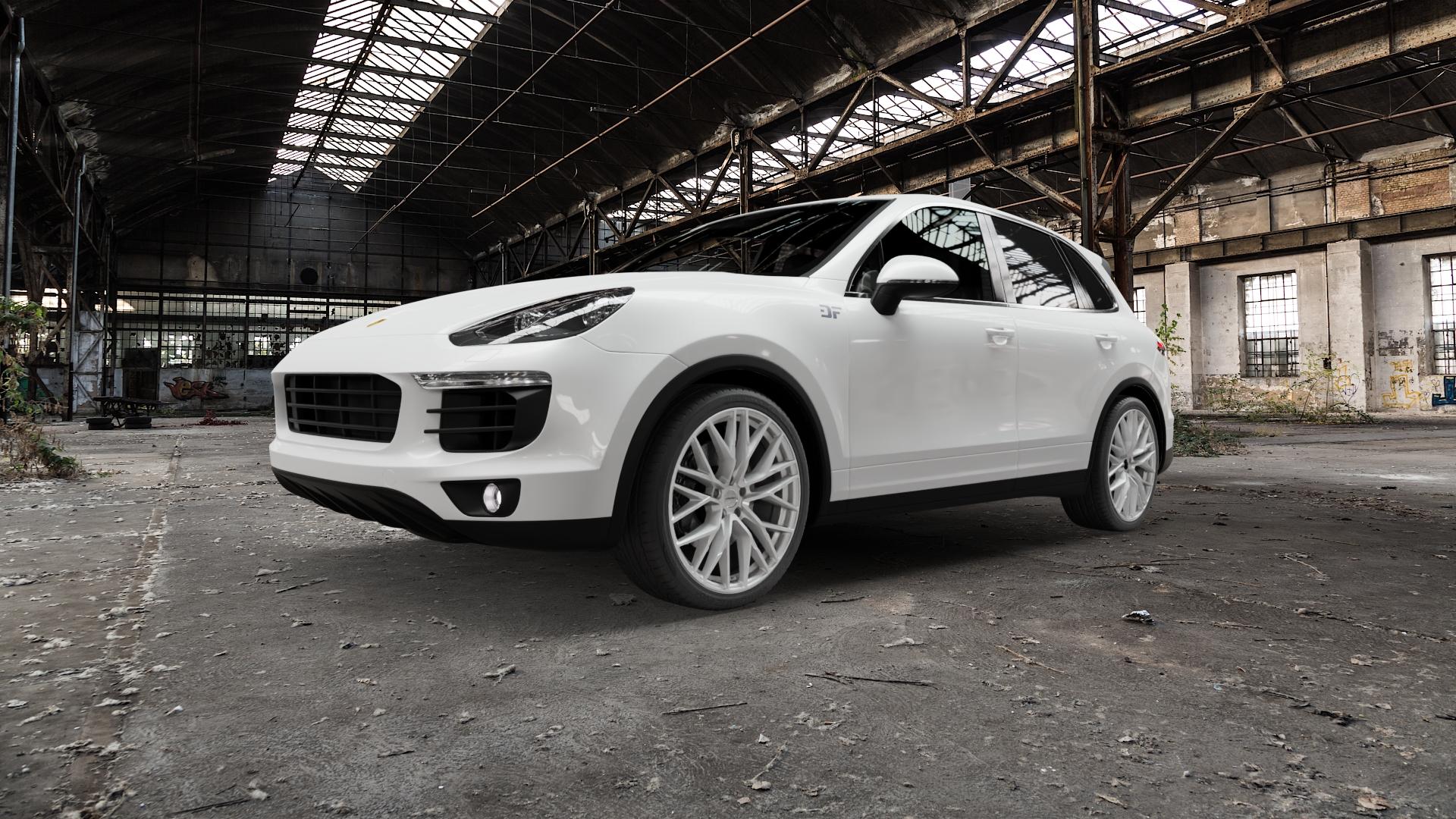 CARMANI 20 Ludwig white silver Felge mit Reifen silber weiss in 21Zoll Winterfelge Alufelge auf weissem Porsche Cayenne II Typ 92A Facelift ⬇️ mit 15mm Tieferlegung ⬇️ Old Industrial Hall_max5000mm_2022 Frontansicht_1