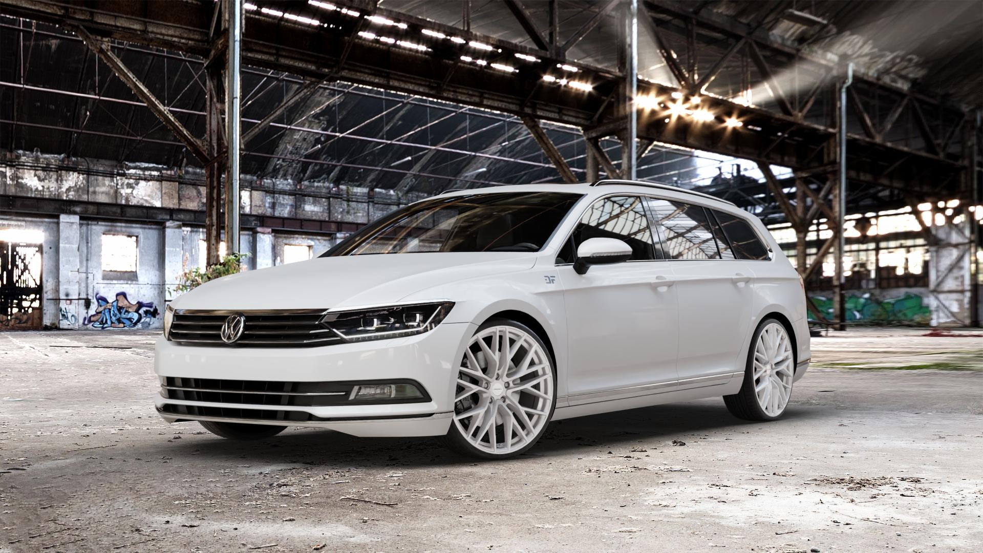 CARMANI 20 Ludwig white silver Felge mit Reifen silber weiss in 21Zoll Winterfelge Alufelge auf weissem Volkswagen (VW) Passat 3C/B8 Limousine Variant ⬇️ mit 15mm Tieferlegung ⬇️ Old Industrial Hall_max_5300mm_2024 Frontansicht_1