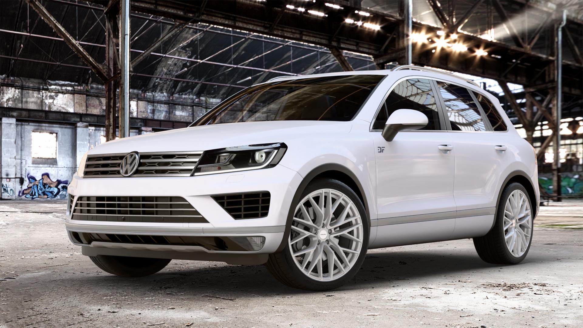 CARMANI 20 Ludwig white silver Felge mit Reifen silber weiss in 21Zoll Winterfelge Alufelge auf weissem Volkswagen (VW) Touareg II Typ 7P Facelift ⬇️ mit 15mm Tieferlegung ⬇️ Old Industrial Hall_max_4400mm_2024 Frontansicht_1