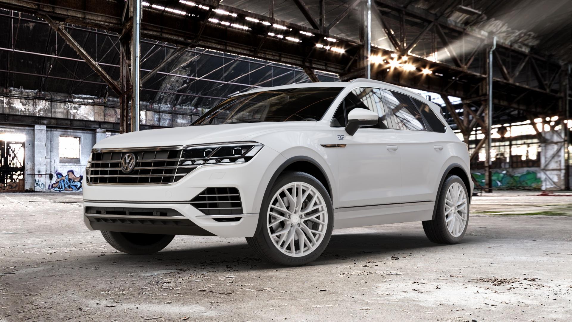 CARMANI 20 Ludwig white silver Felge mit Reifen silber weiss in 21Zoll Winterfelge Alufelge auf weissem Volkswagen (VW) Touareg III Typ CR ⬇️ mit 15mm Tieferlegung ⬇️ Old Industrial Hall_max_5300mm_2024 Frontansicht_1