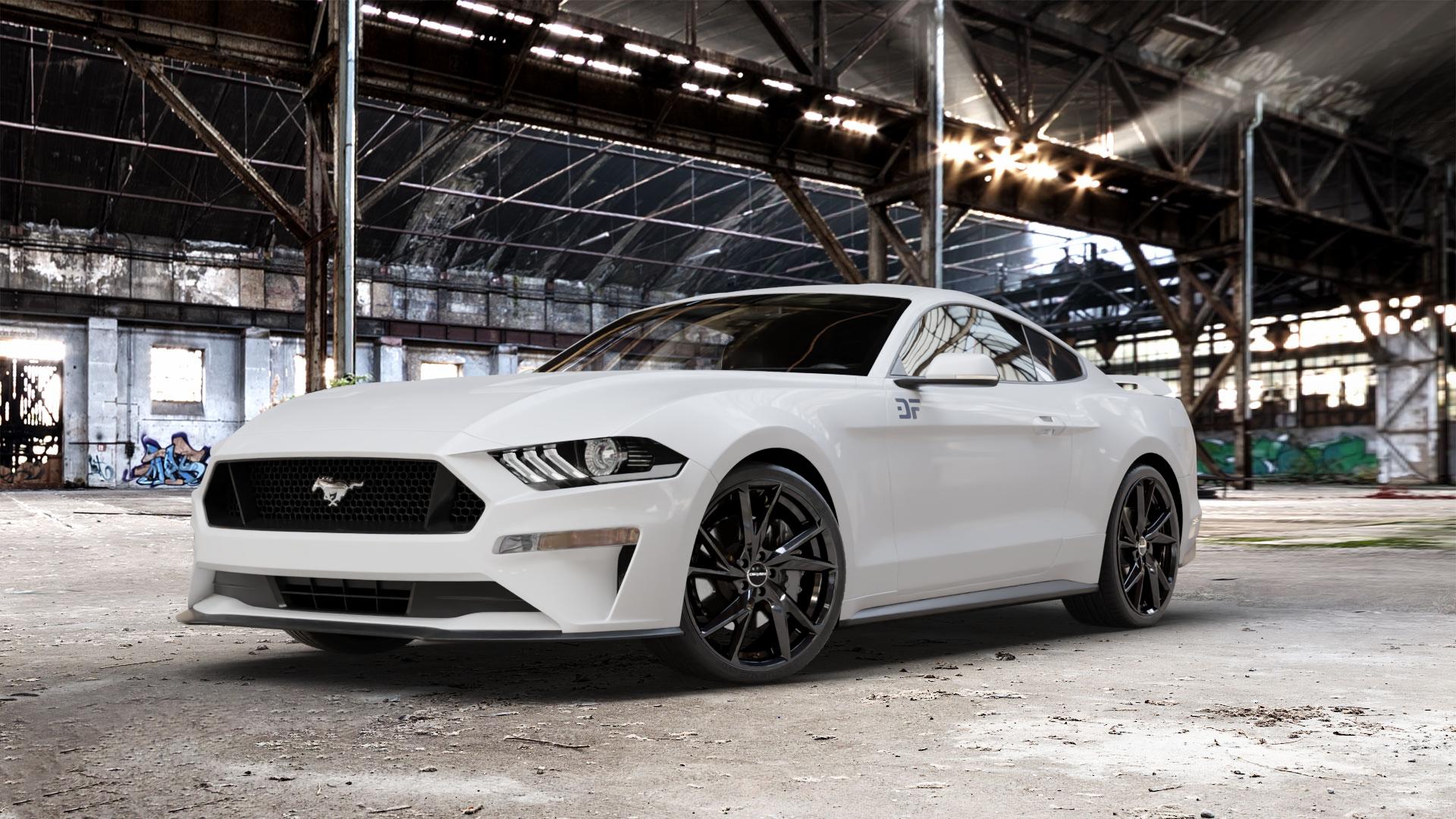 CARMANI 23 Rudi black Felge mit Reifen schwarz in 21Zoll Winterfelge Alufelge auf weissem Ford Mustang VI Coupe Typ LAE Facelift ⬇️ mit 15mm Tieferlegung ⬇️ Old Industrial Hall_max_5300mm_2024 Frontansicht_1