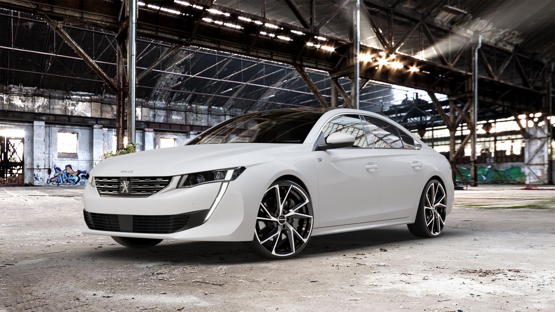 CARMANI 23 Rudi black polish Felge mit Reifen schwarz in 21Zoll Winterfelge Alufelge auf weissem Peugeot 508 Typ F Limousine ⬇️ mit 15mm Tieferlegung ⬇️ Old Industrial Hall_max_5300mm_2024 Frontansicht_1