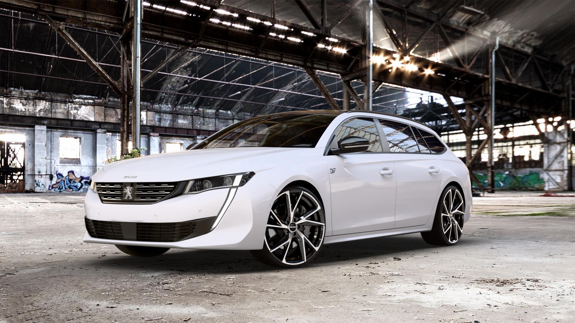 CARMANI 23 Rudi black polish Felge mit Reifen schwarz in 21Zoll Winterfelge Alufelge auf weissem Peugeot 508 Typ F SW ⬇️ mit 15mm Tieferlegung ⬇️ Old Industrial Hall_max_5300mm_2024 Frontansicht_1