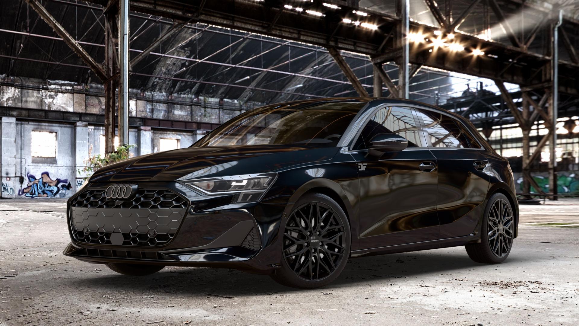 CARMANI 26 Max black Felge mit Reifen schwarz in 18Zoll Winterfelge Alufelge auf metallic schwarzem Audi A3 Typ GY (Sportback) Facelift 2,0l 30 TDI 85kW (116 PS) 1,5l TFSI Mild-Hybrid 35 110kW (150 PHEV 200 130kW Hybrid (177 150 ⬇️ mit 15mm Tieferlegung ⬇️ Old Industrial Hall_max_4400mm_2024 Frontansicht_1