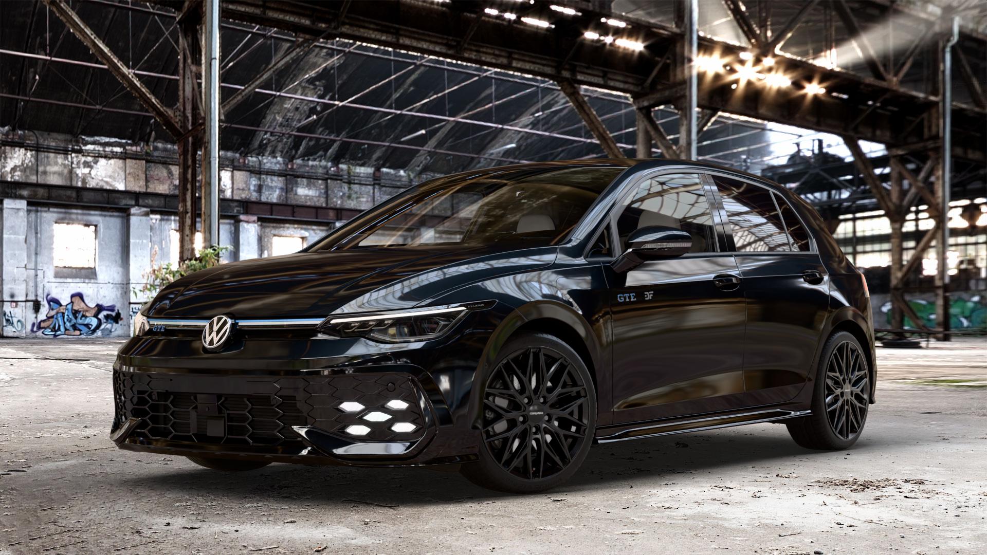 CARMANI 26 Max black Felge mit Reifen schwarz in 18Zoll Winterfelge Alufelge auf schwarzem Volkswagen (VW) Golf 8 Facelift 1,5l TSI GTE 130kW Hybrid (177 PS) ⬇️ mit 15mm Tieferlegung ⬇️ Old Industrial Hall_max_4400mm_2024 Frontansicht_1