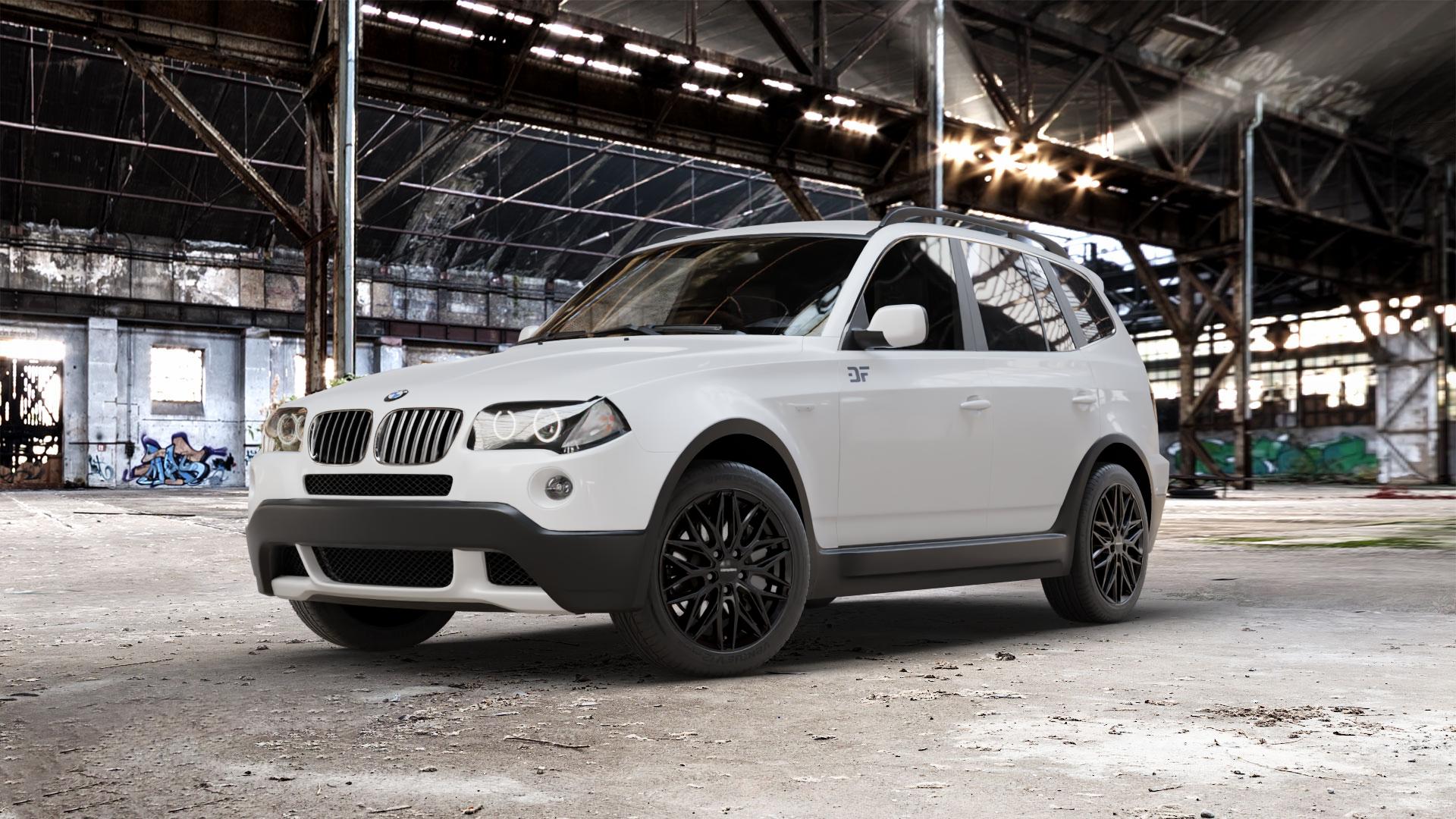 CARMANI 26 Max black Felge mit Reifen schwarz in 18Zoll Winterfelge Alufelge auf weissem BMW X3 Typ E83 (X83) ⬇️ mit 15mm Tieferlegung ⬇️ Old Industrial Hall_max_5300mm_2024 Frontansicht_1