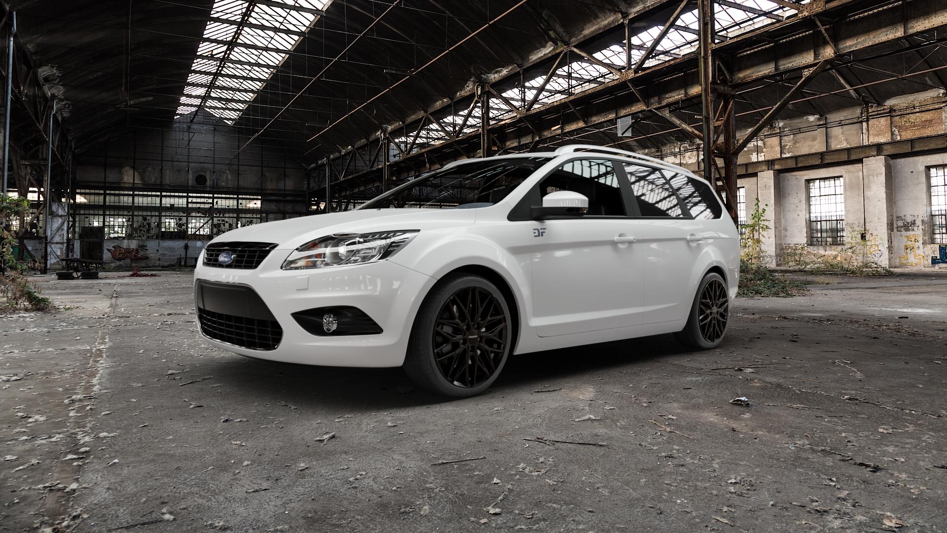 CARMANI 26 Max black Felge mit Reifen schwarz in 18Zoll Winterfelge Alufelge auf weissem Ford Focus II Typ DA3 (Turnier) ⬇️ mit 15mm Tieferlegung ⬇️ Old Industrial Hall_max5000mm_2022 Frontansicht_1