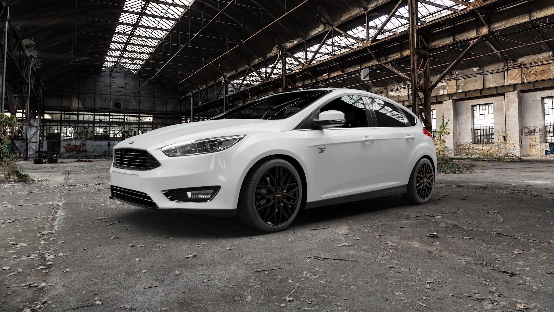 CARMANI 26 Max black Felge mit Reifen schwarz in 18Zoll Winterfelge Alufelge auf weissem Ford Focus III Typ DYB Facelift (Schrägheck) ⬇️ mit 15mm Tieferlegung ⬇️ Old Industrial Hall_max5000mm_2022 Frontansicht_1