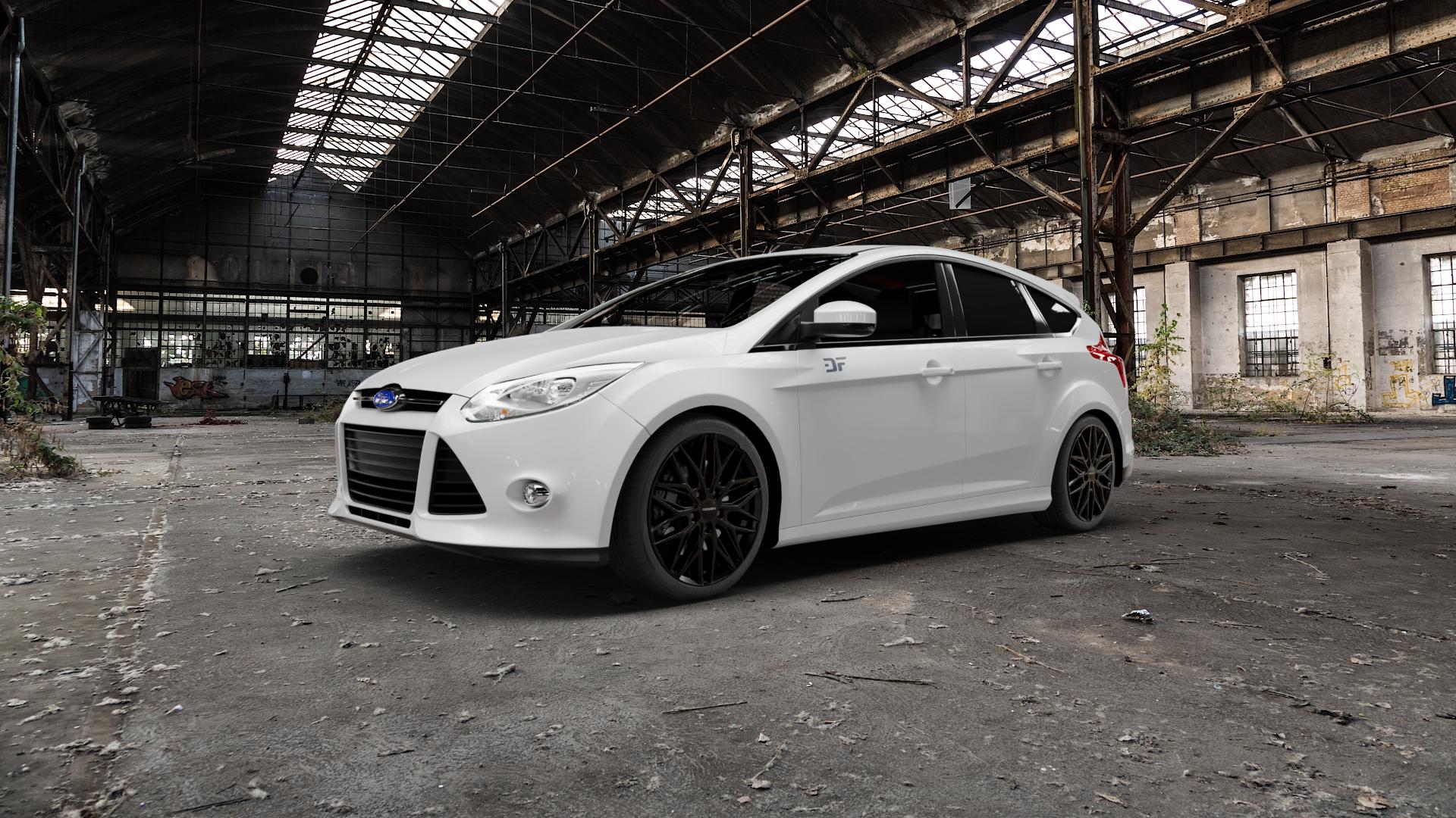 CARMANI 26 Max black Felge mit Reifen schwarz in 18Zoll Winterfelge Alufelge auf weissem Ford Focus III Typ DYB (Schrägheck) (Stufenheck) Facelift ⬇️ mit 15mm Tieferlegung ⬇️ Old Industrial Hall_max5000mm_2022 Frontansicht_1