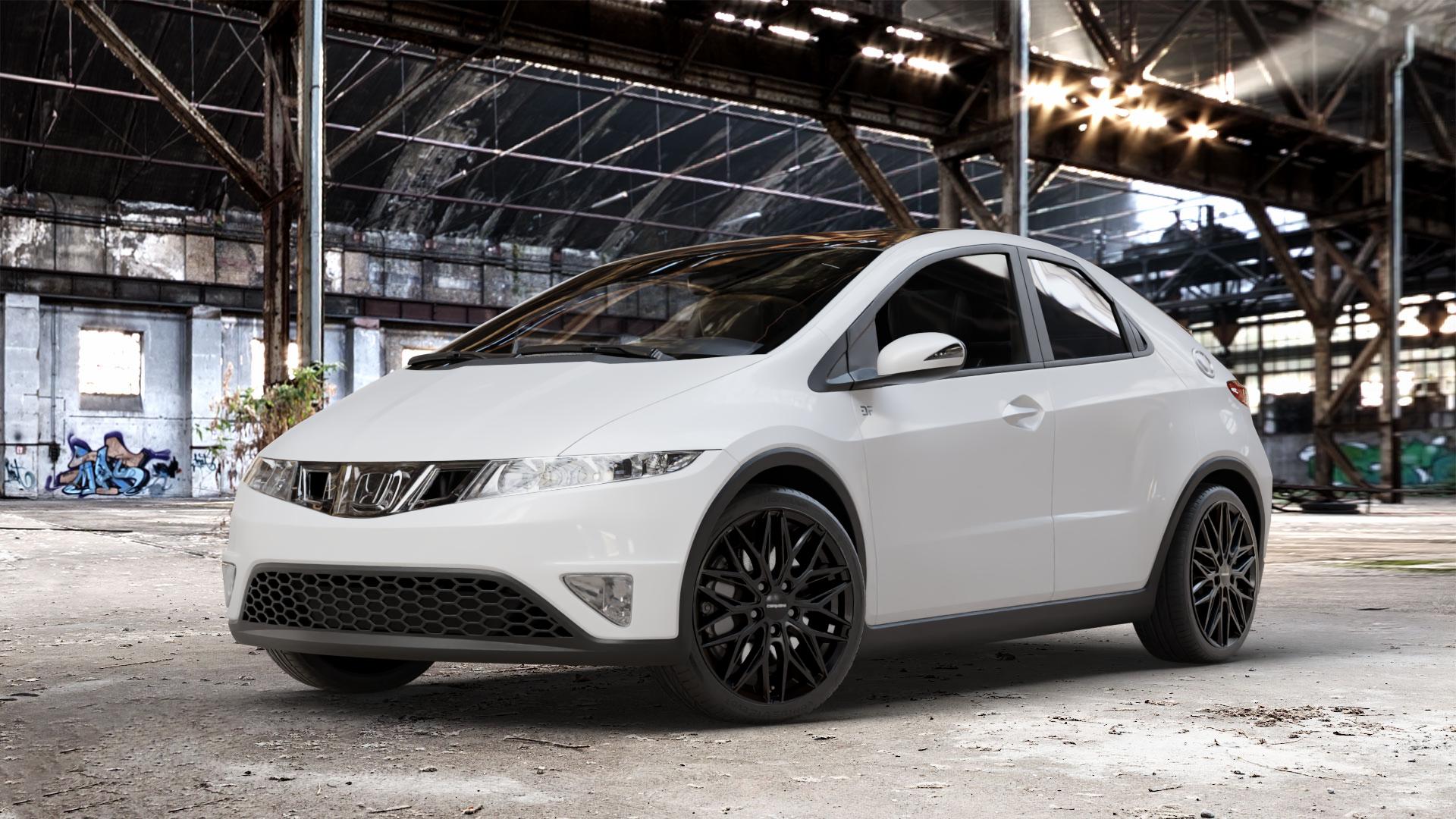CARMANI 26 Max black Felge mit Reifen schwarz in 18Zoll Winterfelge Alufelge auf weissem Honda Civic 8 Fünftürer (FK) 1,4l V-Tec (FK1) 73kW (99 PS) ⬇️ mit 15mm Tieferlegung ⬇️ Old Industrial Hall_max_4400mm_2024 Frontansicht_1