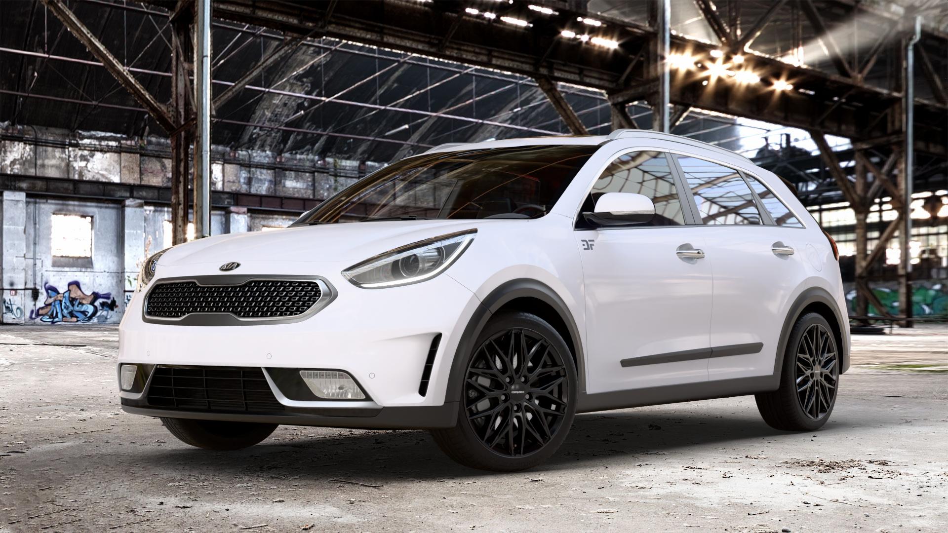 CARMANI 26 Max black Felge mit Reifen schwarz in 18Zoll Winterfelge Alufelge auf weissem Kia Niro Typ DE ⬇️ mit 15mm Tieferlegung ⬇️ Old Industrial Hall_max_4400mm_2024 Frontansicht_1