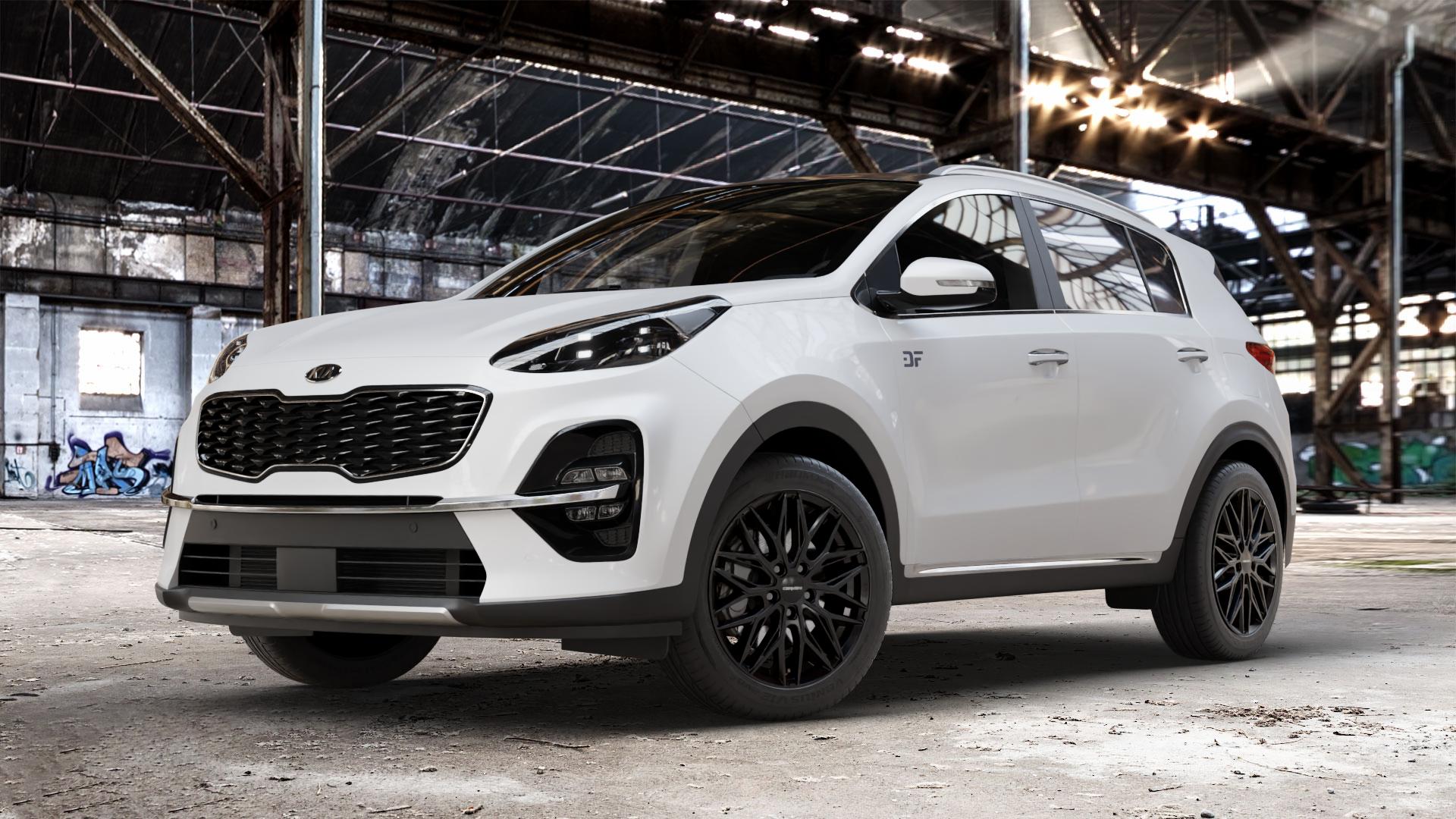 CARMANI 26 Max black Felge mit Reifen schwarz in 18Zoll Winterfelge Alufelge auf weissem Kia Sportage IV Typ QLE Facelift QL ⬇️ mit 15mm Tieferlegung ⬇️ Old Industrial Hall_max_4400mm_2024 Frontansicht_1