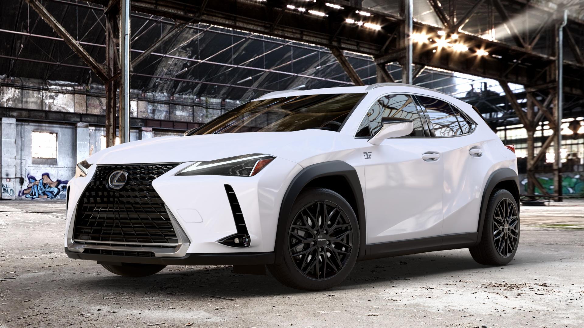 CARMANI 26 Max black Felge mit Reifen schwarz in 18Zoll Winterfelge Alufelge auf weissem Lexus UX Typ ZA1(EU,M) 2,0l 200 127kW (173 PS) 250h 112kW (152 ZA1(EU,M)-TMG ⬇️ mit 15mm Tieferlegung ⬇️ Old Industrial Hall_max_4400mm_2024 Frontansicht_1