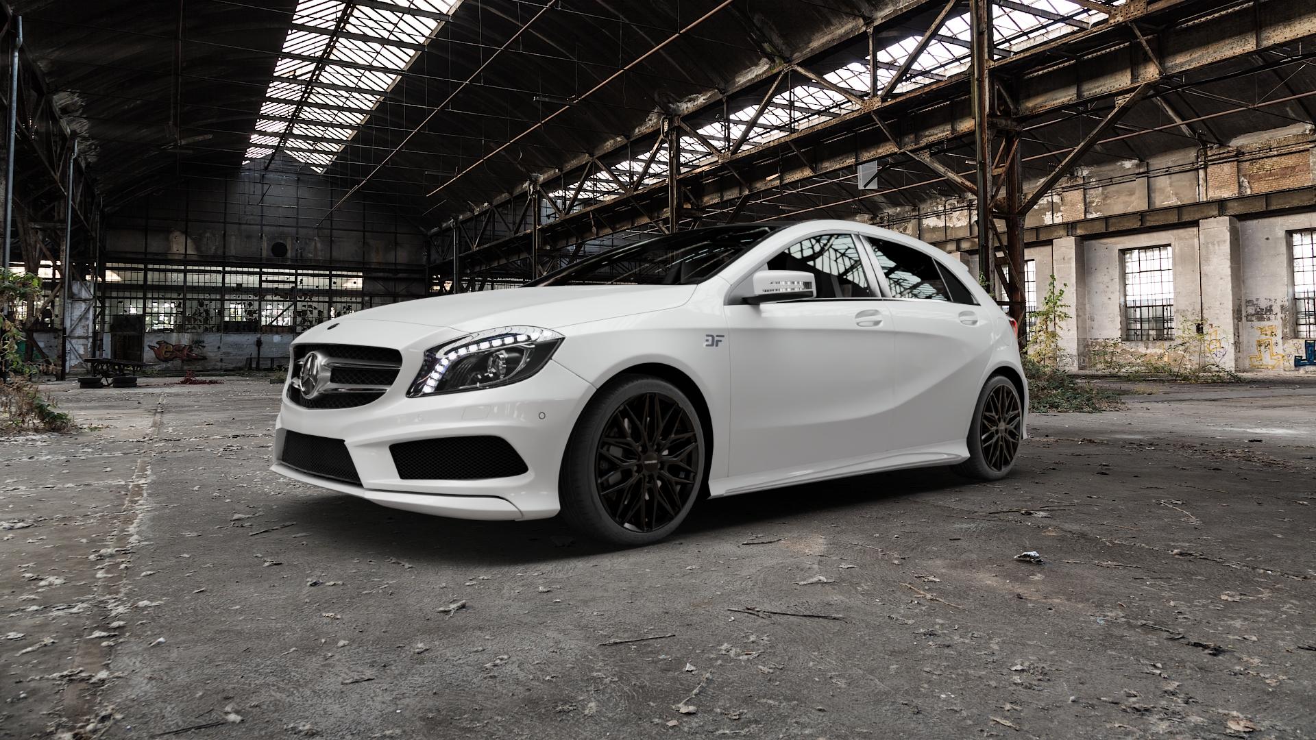CARMANI 26 Max black Felge mit Reifen schwarz in 18Zoll Winterfelge Alufelge auf weissem Mercedes A-Klasse III Typ 176 245G Facelift ⬇️ mit 15mm Tieferlegung ⬇️ Old Industrial Hall_max5000mm_2022 Frontansicht_1