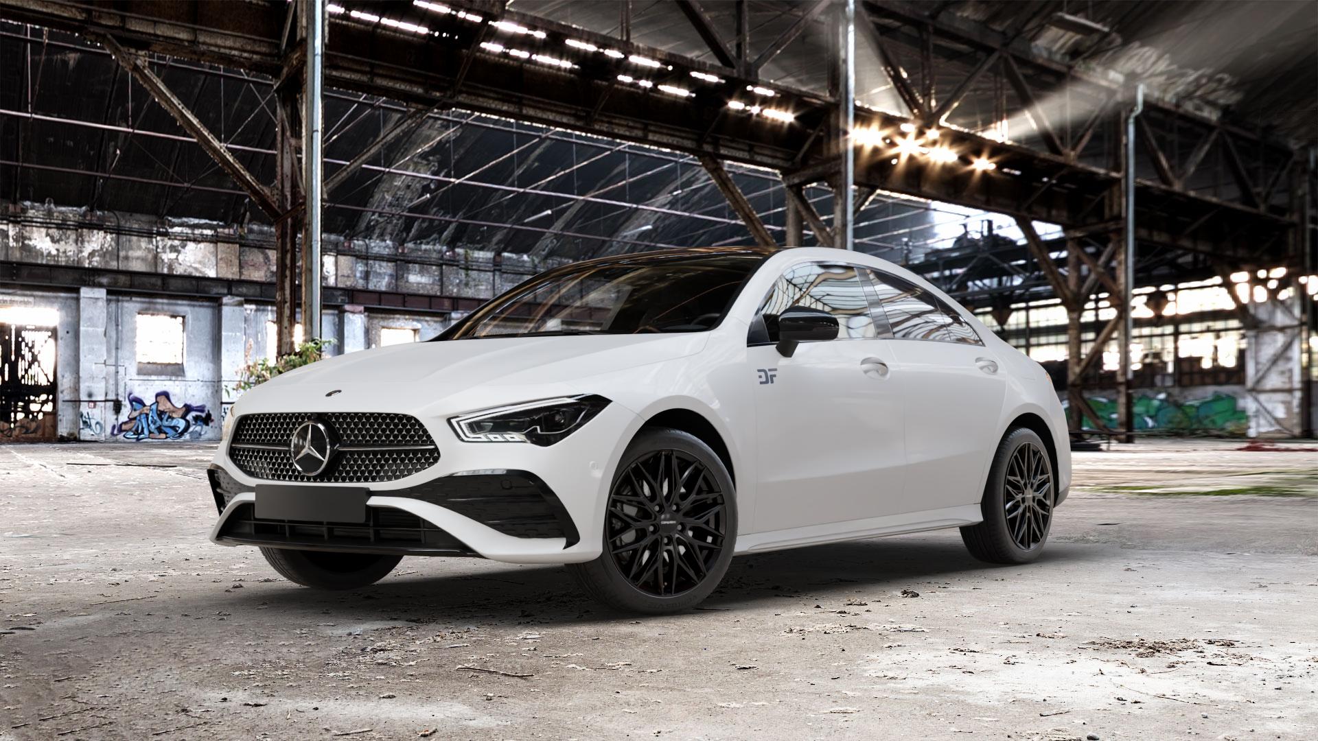 CARMANI 26 Max black Felge mit Reifen schwarz in 18Zoll Winterfelge Alufelge auf weissem Mercedes CLA-Klasse II Typ C118 (F2CLA) Facelift ⬇️ mit 15mm Tieferlegung ⬇️ Old Industrial Hall_max_5300mm_2024 Frontansicht_1