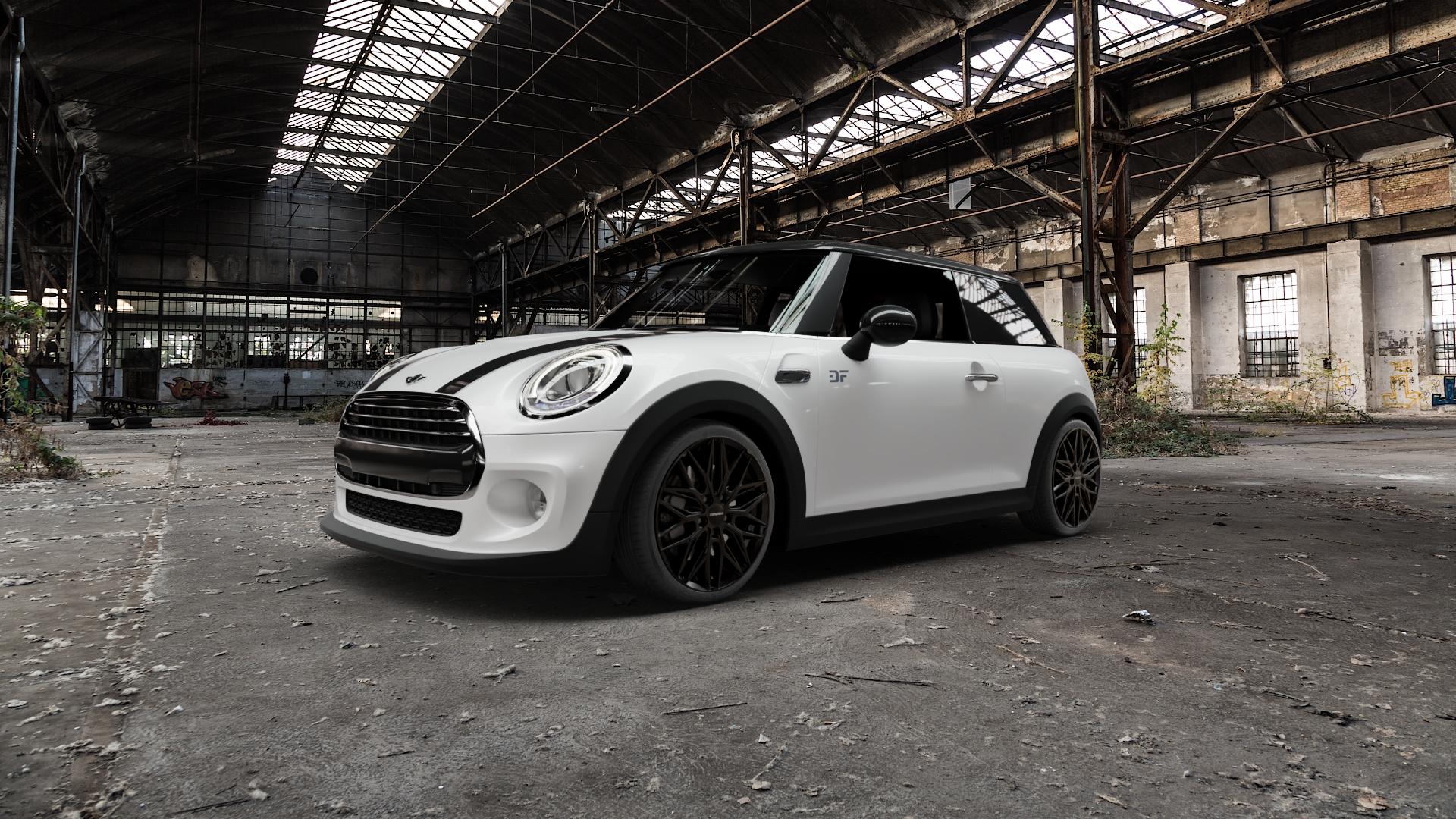 CARMANI 26 Max black Felge mit Reifen schwarz in 18Zoll Winterfelge Alufelge auf weissem Mini F56 Typ UKL-L (3-Türer Limousine) ⬇️ mit 15mm Tieferlegung ⬇️ Old Industrial Hall_max5000mm_2022 Frontansicht_1