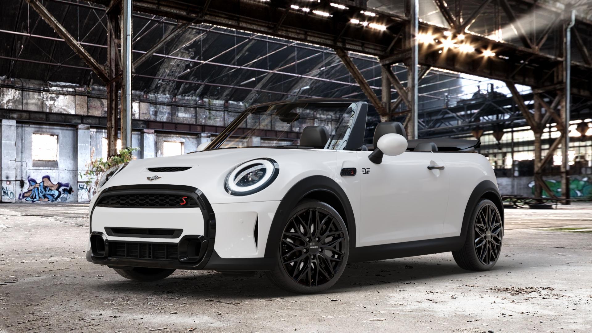 CARMANI 26 Max black Felge mit Reifen schwarz in 18Zoll Winterfelge Alufelge auf weissem Mini F57 Typ FMCA (Cabriolet) Facelift 21-> ⬇️ mit 15mm Tieferlegung ⬇️ Old Industrial Hall_max_4400mm_2024 Frontansicht_1