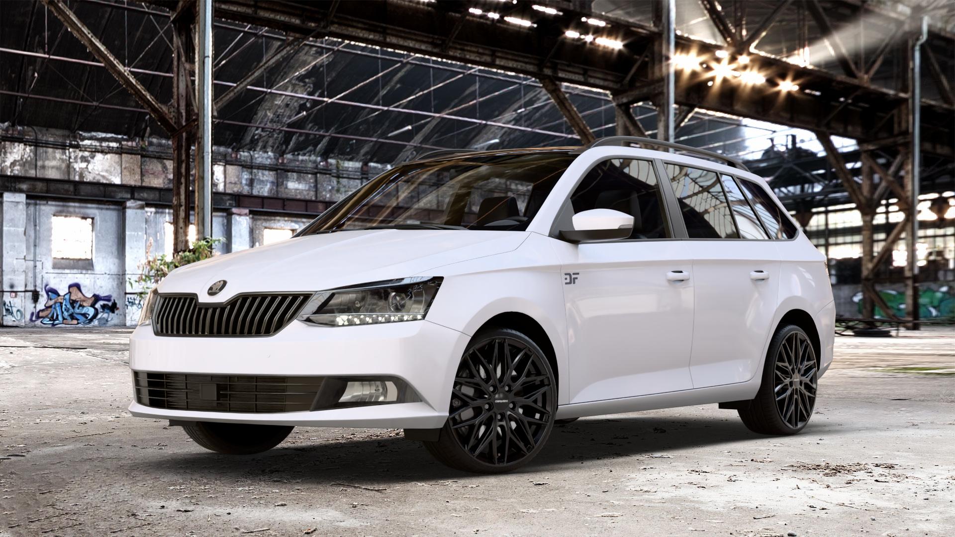 CARMANI 26 Max black Felge mit Reifen schwarz in 18Zoll Winterfelge Alufelge auf weissem Skoda Fabia III Kombi Typ 5J Facelift ⬇️ mit 15mm Tieferlegung ⬇️ Old Industrial Hall_max_4400mm_2024 Frontansicht_1