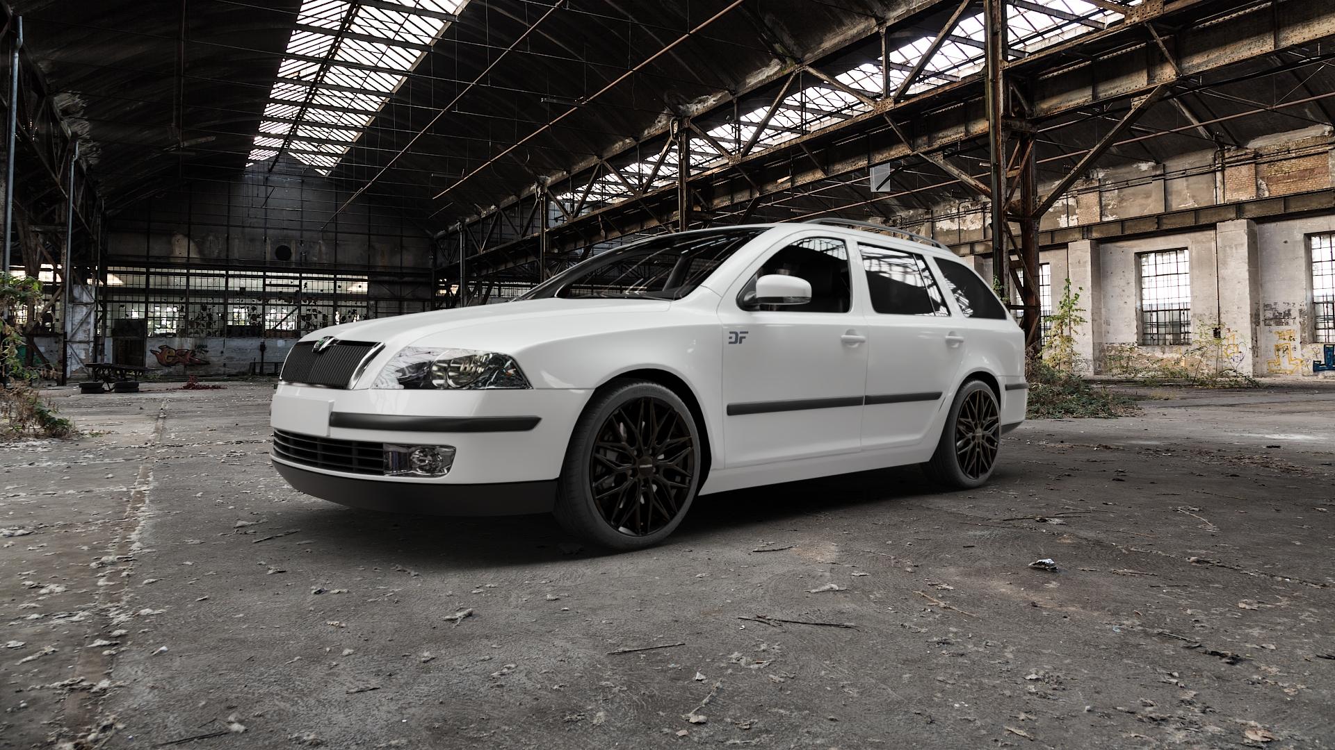 CARMANI 26 Max black Felge mit Reifen schwarz in 18Zoll Winterfelge Alufelge auf weissem Skoda Octavia II Kombi Typ 1Z5 1,6l FSI 85kW (116 PS) 2,0l 110kW (150 4x4 TDI 100kW (136 77kW (105 1,4l 55kW (75 ⬇️ mit 15mm Tieferlegung ⬇️ Old Industrial Hall_max5000mm_2022 Frontansicht_1