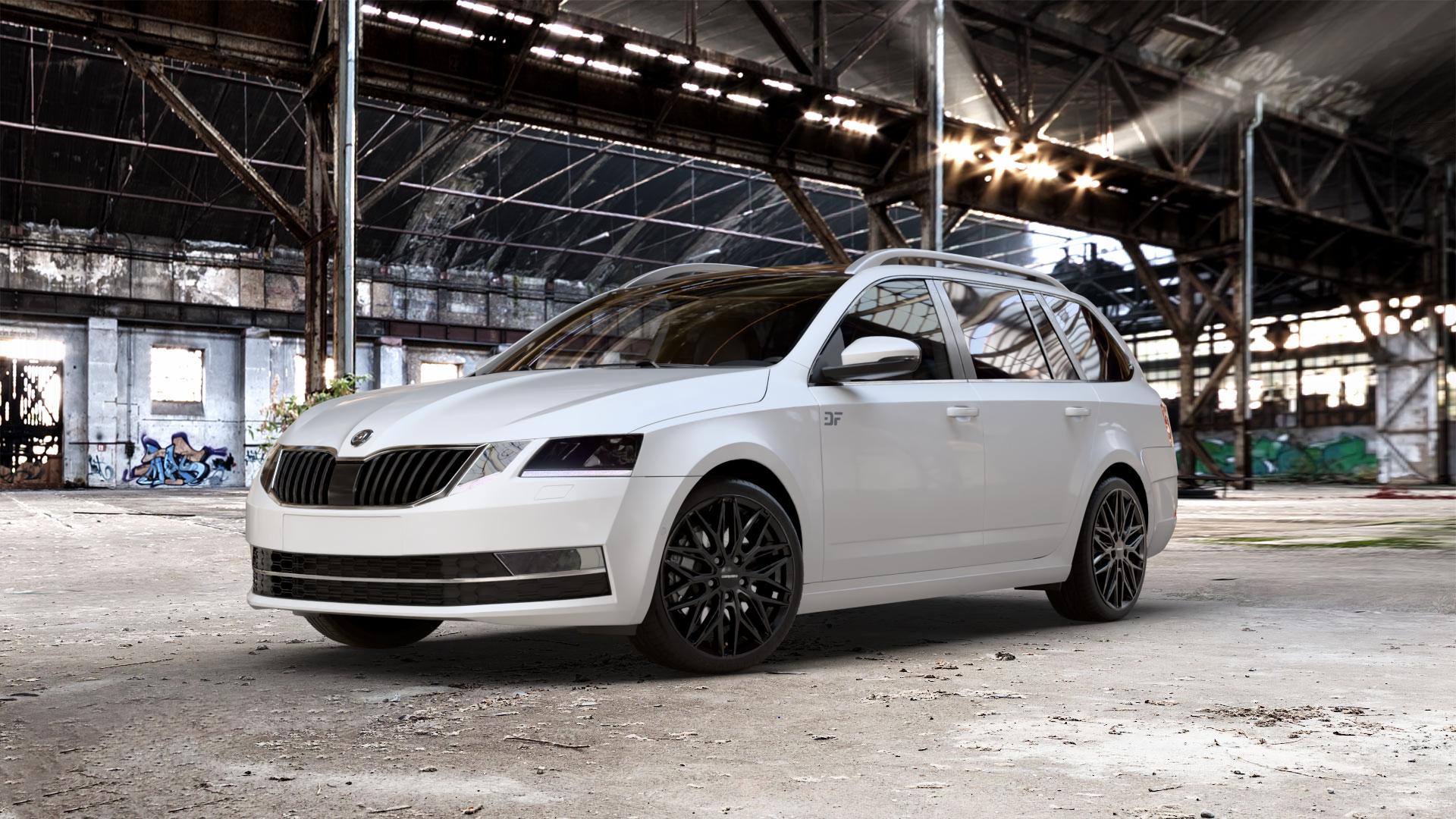 CARMANI 26 Max black Felge mit Reifen schwarz in 18Zoll Winterfelge Alufelge auf weissem Skoda Octavia III Kombi Typ 5E Facelift ⬇️ mit 15mm Tieferlegung ⬇️ Old Industrial Hall_max_5300mm_2024 Frontansicht_1