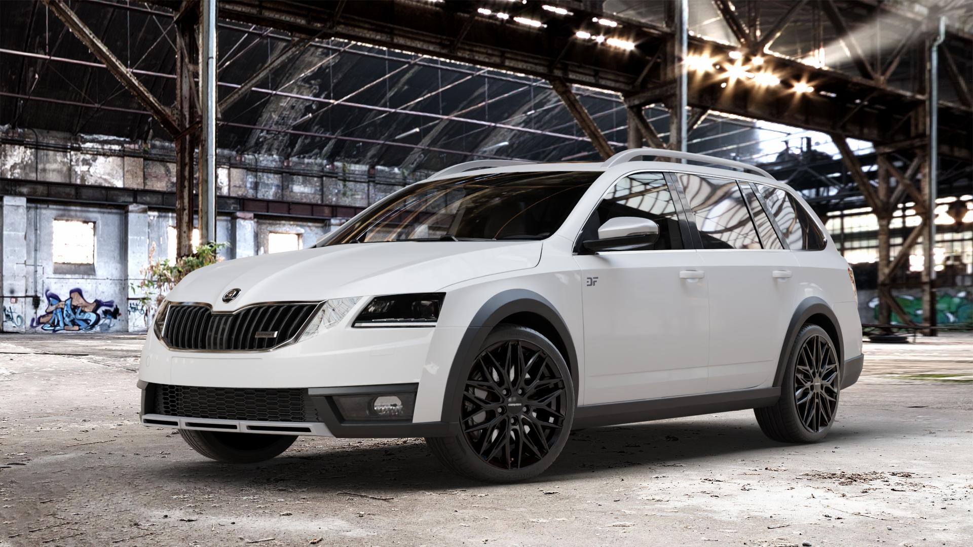 CARMANI 26 Max black Felge mit Reifen schwarz in 18Zoll Winterfelge Alufelge auf weissem Skoda Octavia III Scout Typ 5E Facelift ⬇️ mit 15mm Tieferlegung ⬇️ Old Industrial Hall_max_4400mm_2024 Frontansicht_1