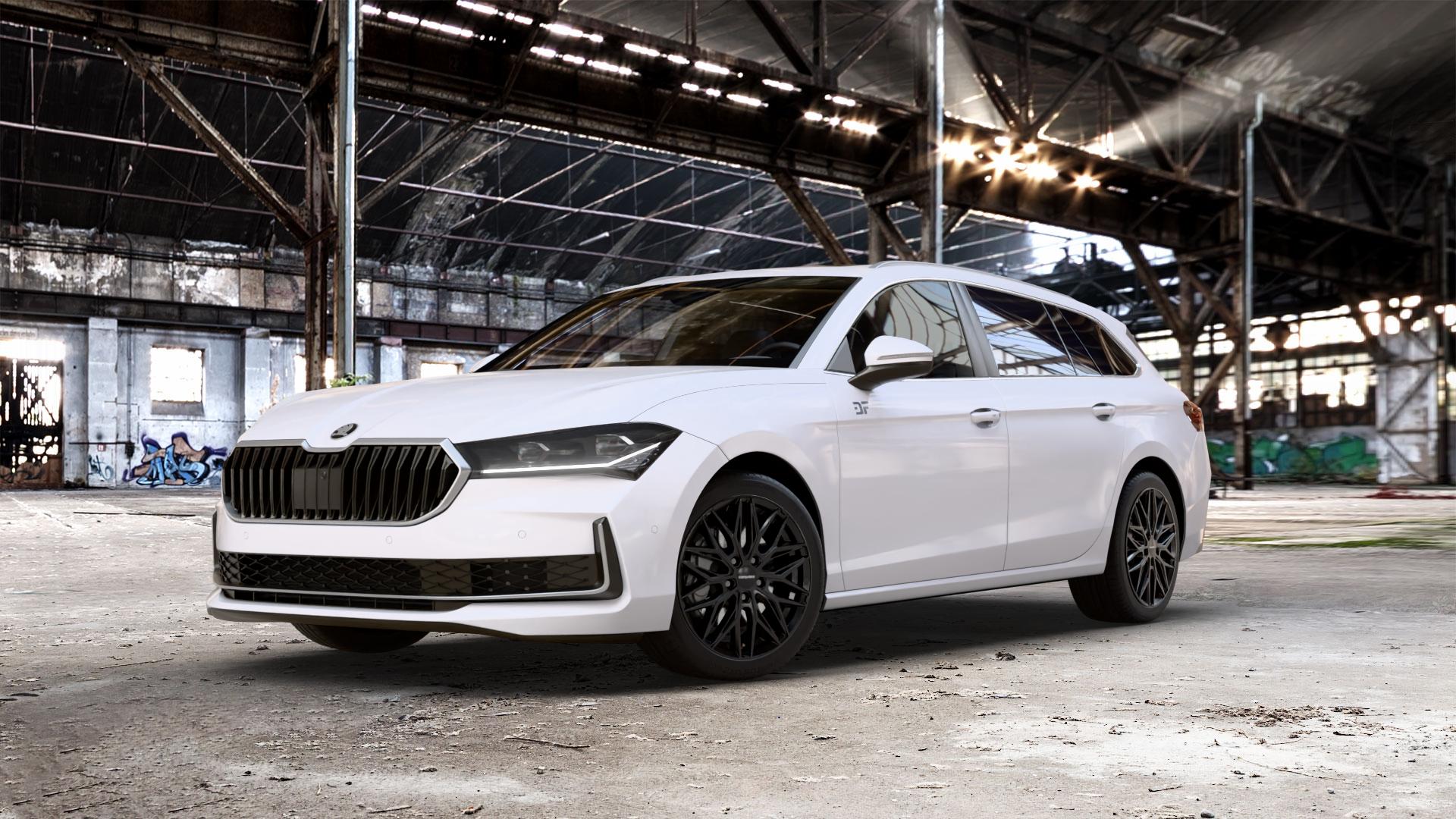 CARMANI 26 Max black Felge mit Reifen schwarz in 18Zoll Winterfelge Alufelge auf weissem Skoda Superb IV Kombi Typ NZ 1,5l TSI 110kW Mild-Hybrid (150 PS) Hybrid 2,0l TDI 4x4 142kW (193 195kW (265 ⬇️ mit 15mm Tieferlegung ⬇️ Old Industrial Hall_max_5300mm_2024 Frontansicht_1