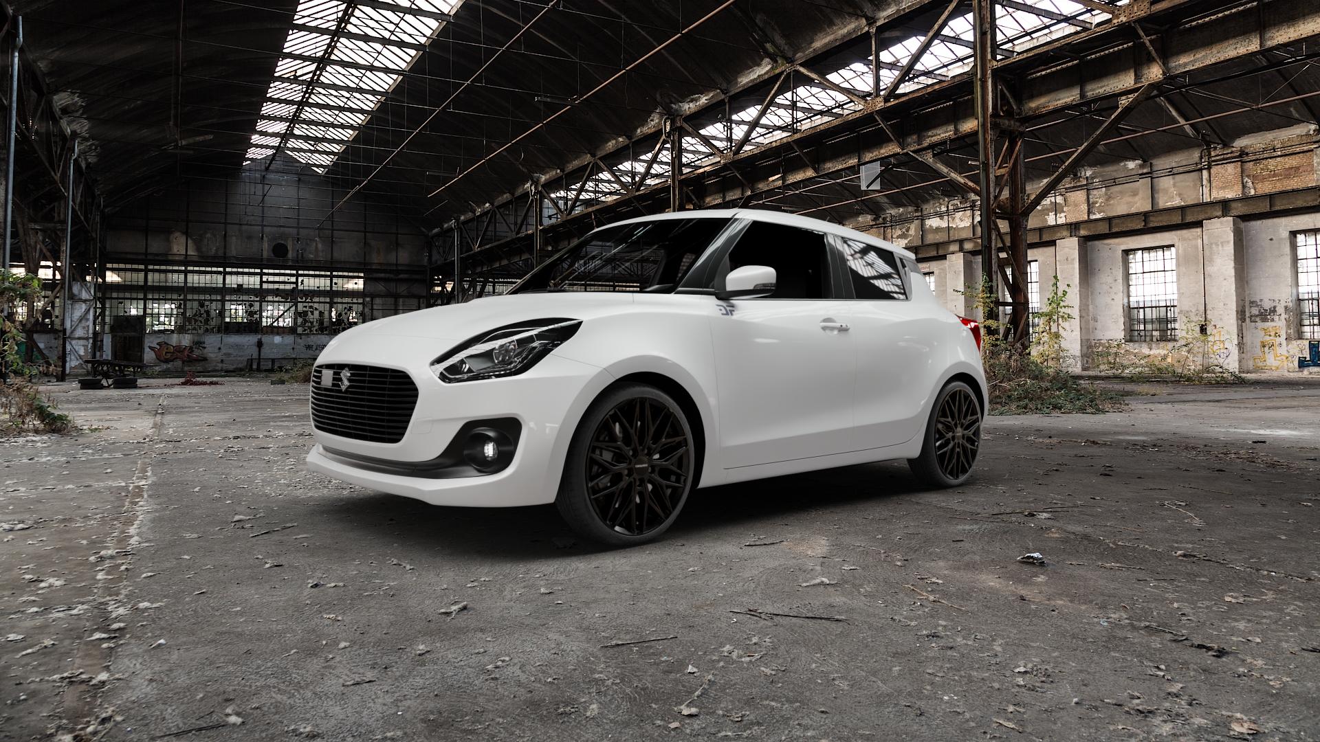 CARMANI 26 Max black Felge mit Reifen schwarz in 18Zoll Winterfelge Alufelge auf weissem Suzuki Swift VI Typ AZ Facelift ⬇️ mit 15mm Tieferlegung ⬇️ Old Industrial Hall_max5000mm_2022 Frontansicht_1