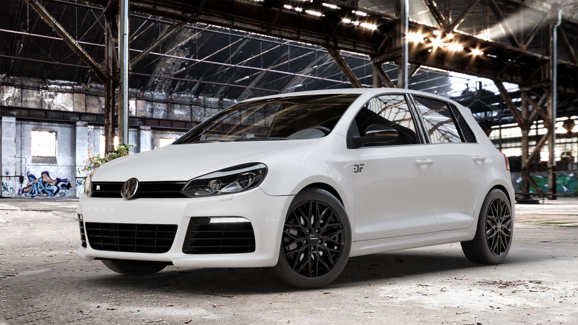 CARMANI 26 Max black Felge mit Reifen schwarz in 18Zoll Winterfelge Alufelge auf weissem Volkswagen (VW) Golf 6 2,0l Turbo R 4motion 199kW (271 PS) ⬇️ mit 15mm Tieferlegung ⬇️ Old Industrial Hall_max_4400mm_2024 Frontansicht_1