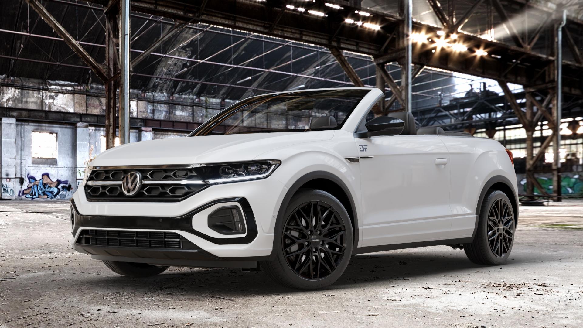 CARMANI 26 Max black Felge mit Reifen schwarz in 18Zoll Winterfelge Alufelge auf weissem Volkswagen (VW) T-Roc Cabrio Facelift ⬇️ mit 15mm Tieferlegung ⬇️ Old Industrial Hall_max_4400mm_2024 Frontansicht_1