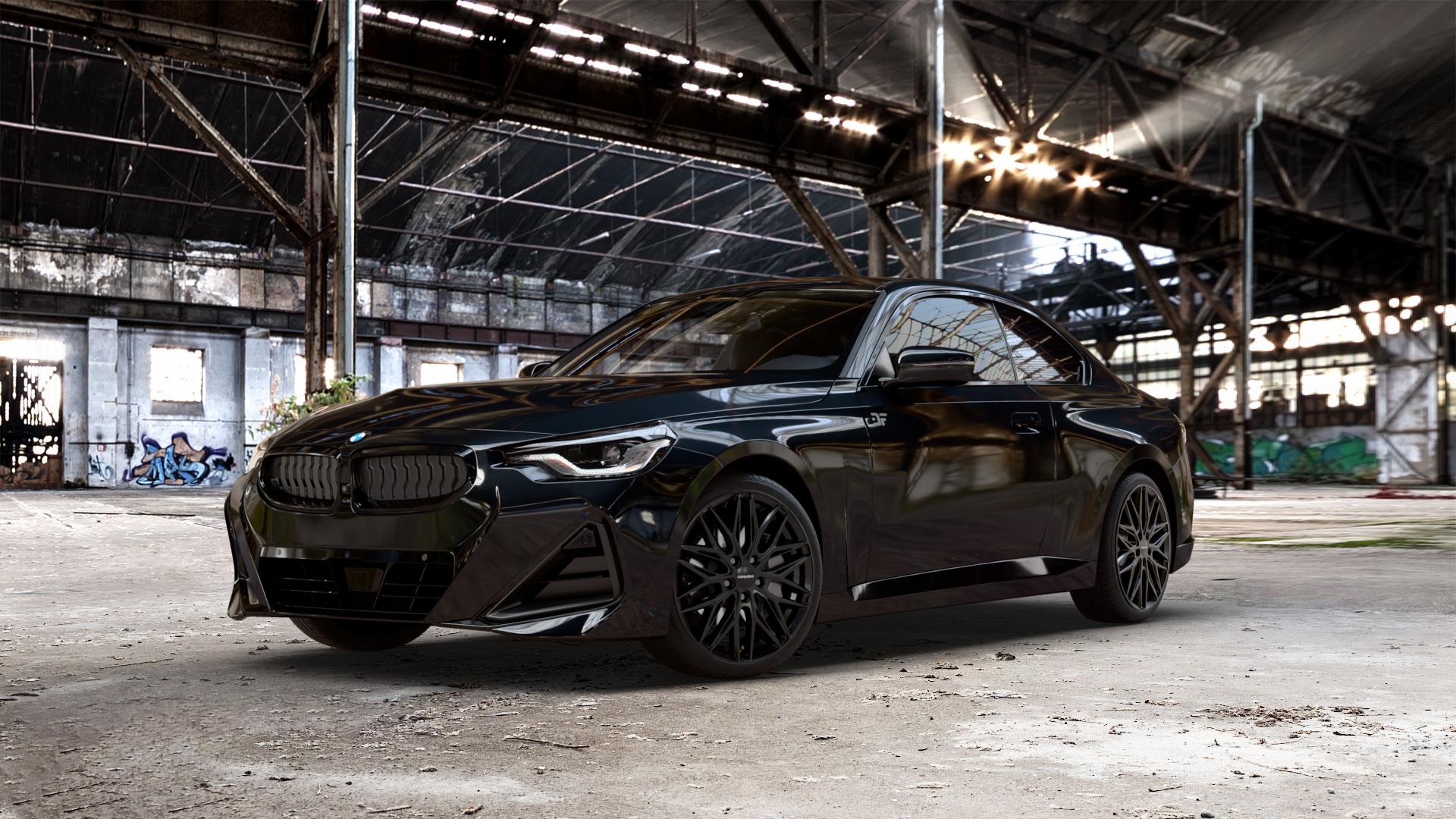 CARMANI 26 Max black Felge mit Reifen schwarz in 19Zoll Winterfelge Alufelge auf metallic schwarzem BMW 2er G42 Coupé (G2C) ⬇️ mit 15mm Tieferlegung ⬇️ Old Industrial Hall_max_5300mm_2024 Frontansicht_1