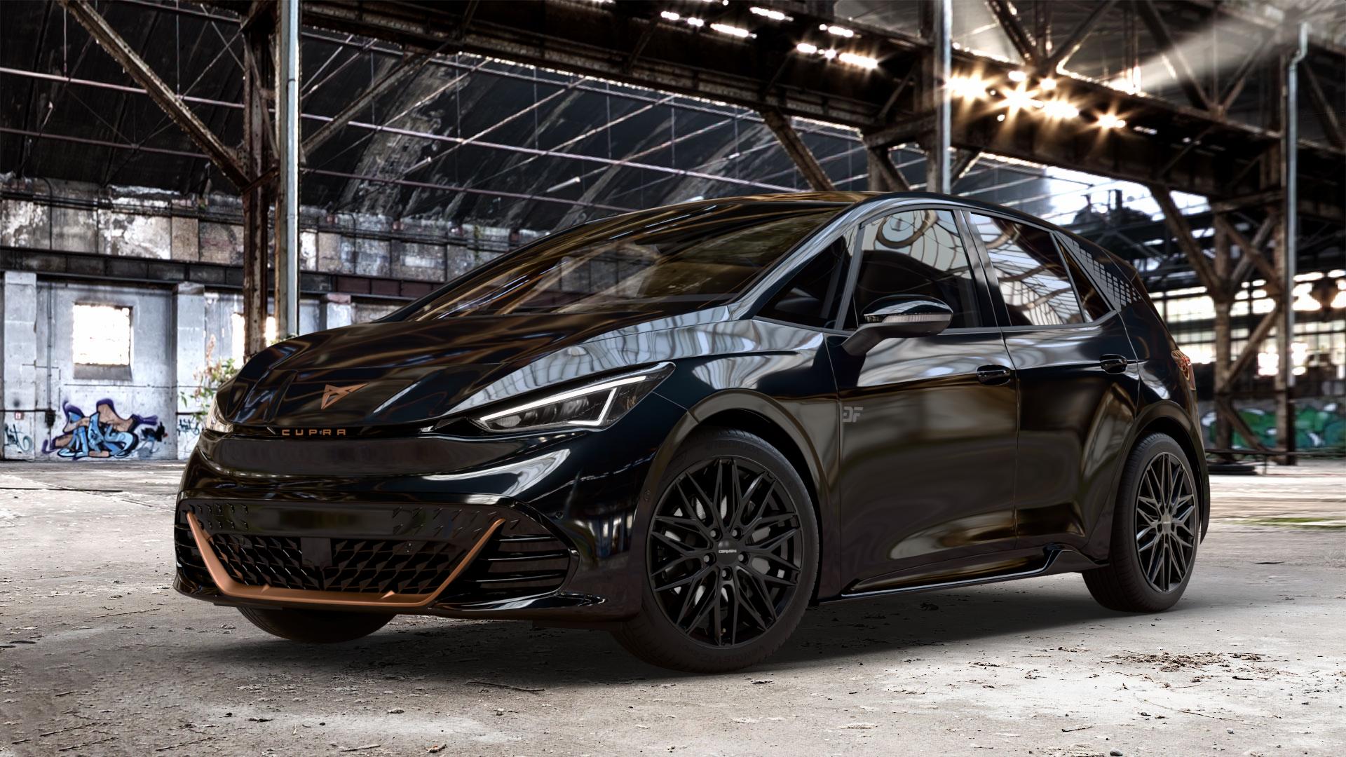 CARMANI 26 Max black Felge mit Reifen schwarz in 19Zoll Winterfelge Alufelge auf metallic schwarzem Cupra Born Typ K1 ⬇️ mit 15mm Tieferlegung ⬇️ Old Industrial Hall_max_4400mm_2024 Frontansicht_1