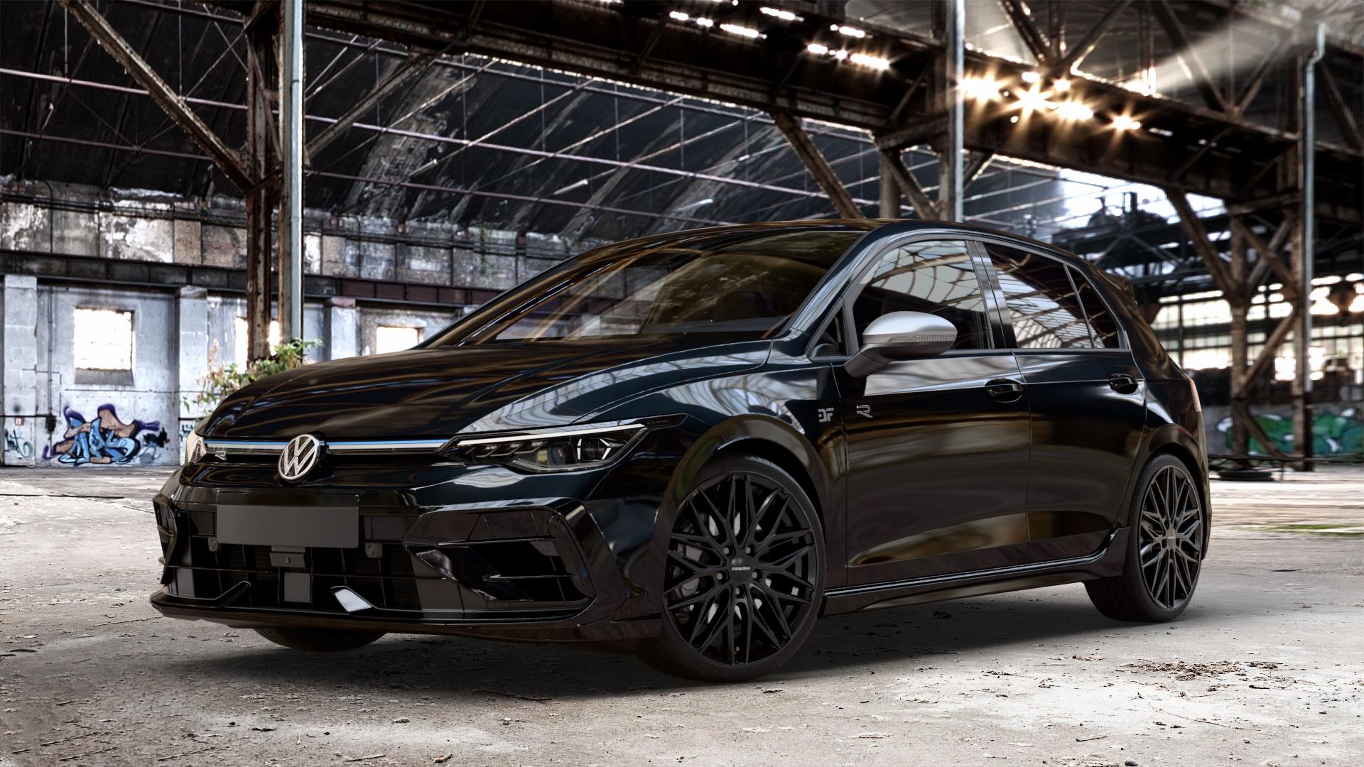 CARMANI 26 Max black Felge mit Reifen schwarz in 19Zoll Winterfelge Alufelge auf metallic schwarzem Volkswagen (VW) Golf 8 Facelift 2,0l R 4Motion 245kW (333 PS) ⬇️ mit 15mm Tieferlegung ⬇️ Old Industrial Hall_max_4400mm_2024 Frontansicht_1