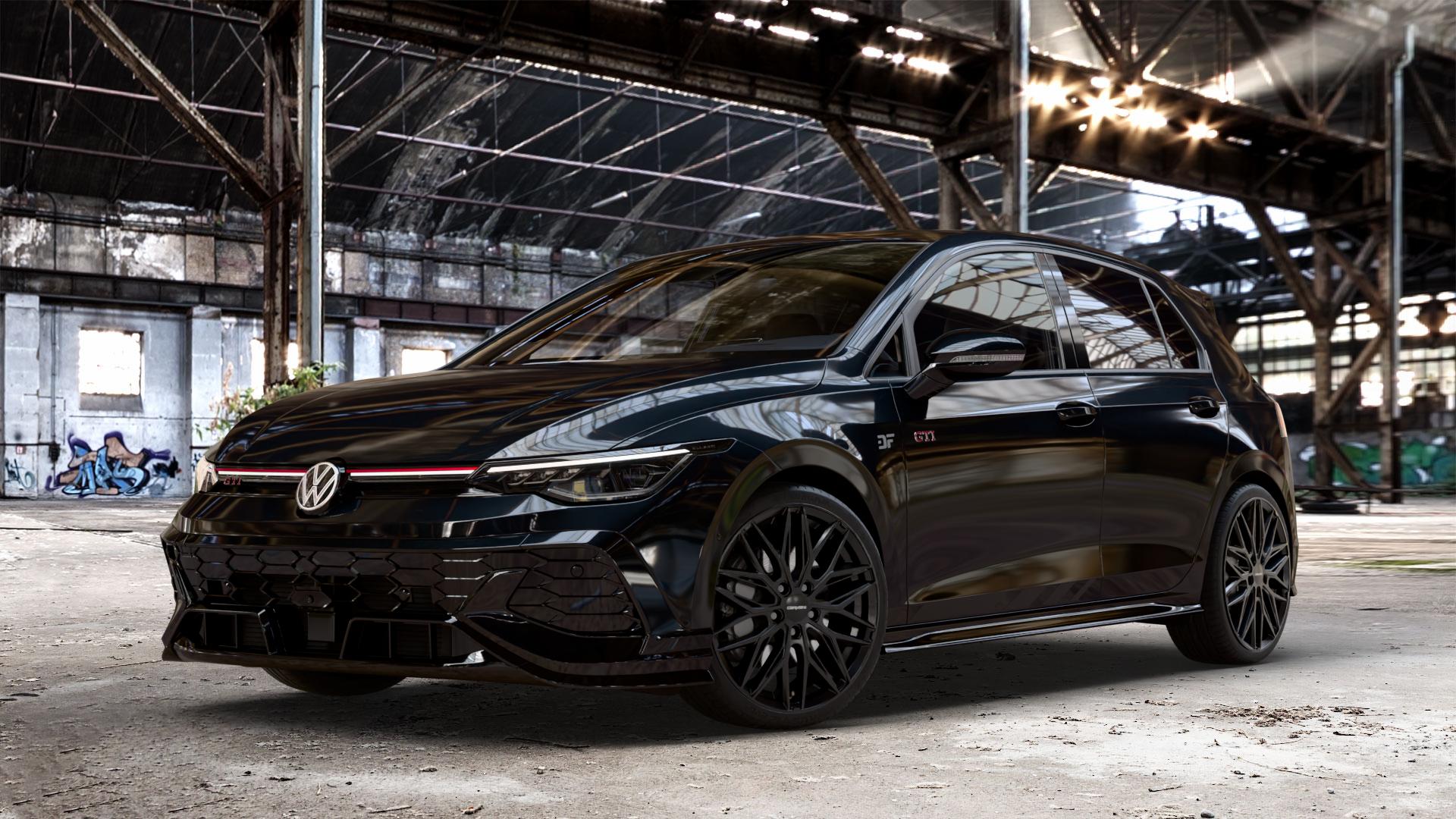 CARMANI 26 Max black Felge mit Reifen schwarz in 19Zoll Winterfelge Alufelge auf schwarzem Volkswagen (VW) Golf 8 Facelift 2,0l GTI Clubsport 221kW (300 PS) ⬇️ mit 15mm Tieferlegung ⬇️ Old Industrial Hall_max_4400mm_2024 Frontansicht_1